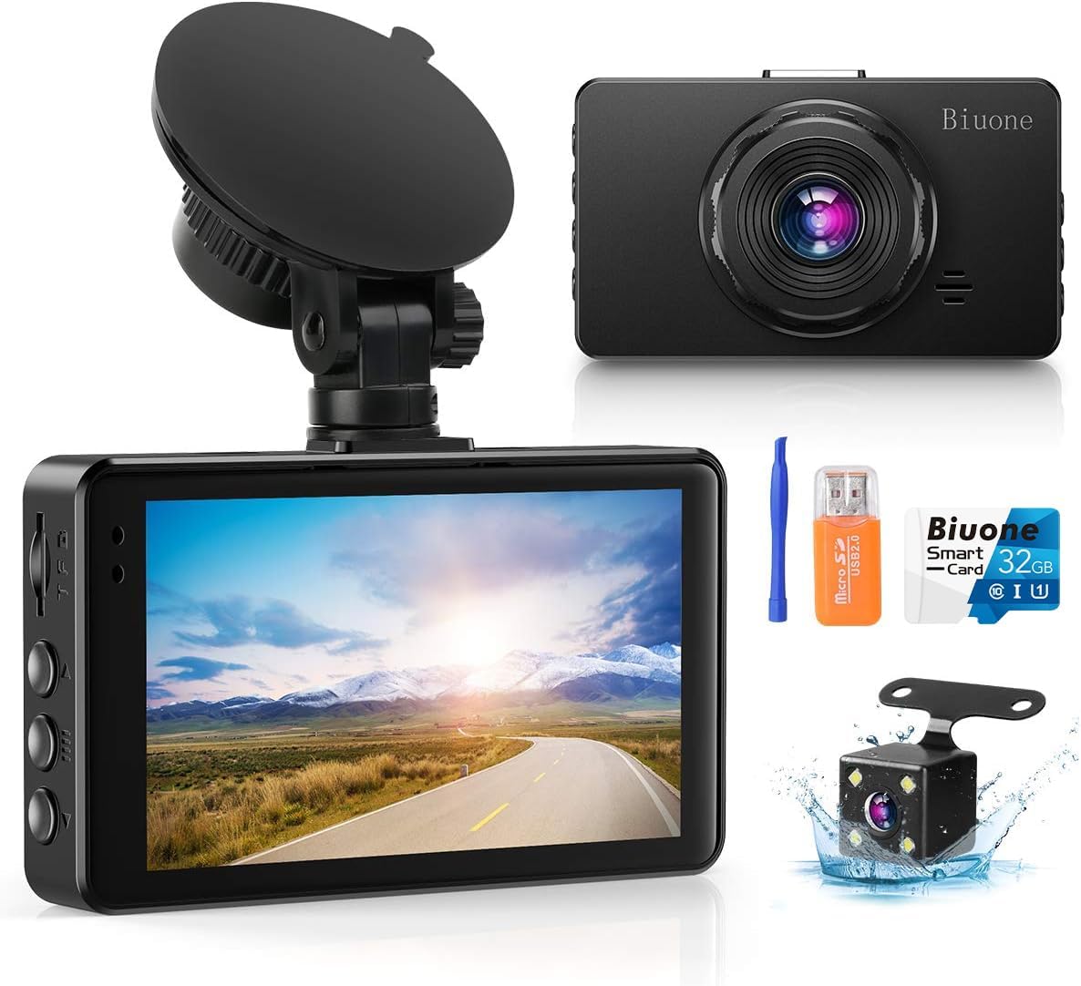 CÁMARA PARA AUTO BIUONE DASH CAM FRONTAL Y TRASERA 1080P CON TARJETA 32GB - 1