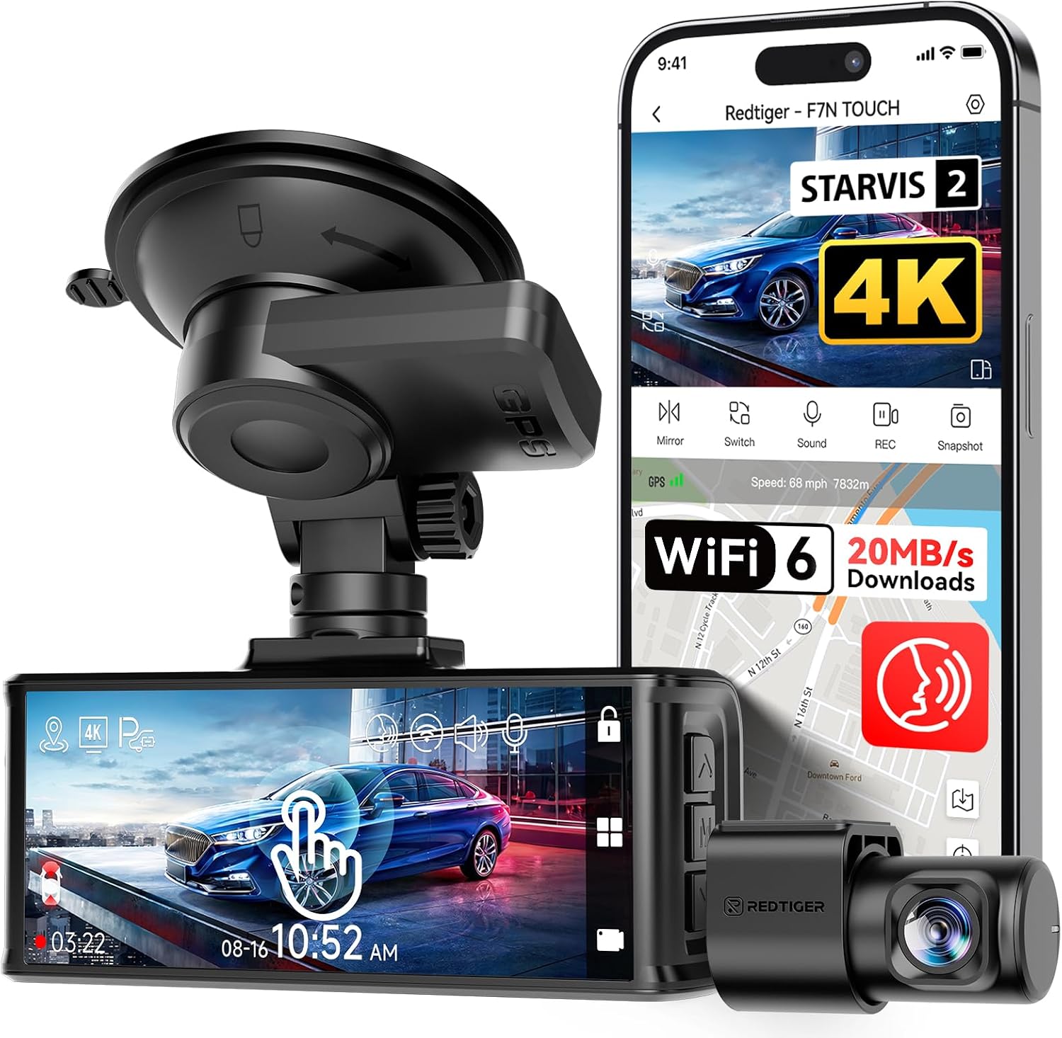 CÁMARA PARA AUTO REDTIGER F7N TOUCH 4K STARVIS 2 FRONTAL Y TRASERA CON WIFI 5.8GHZ - 1