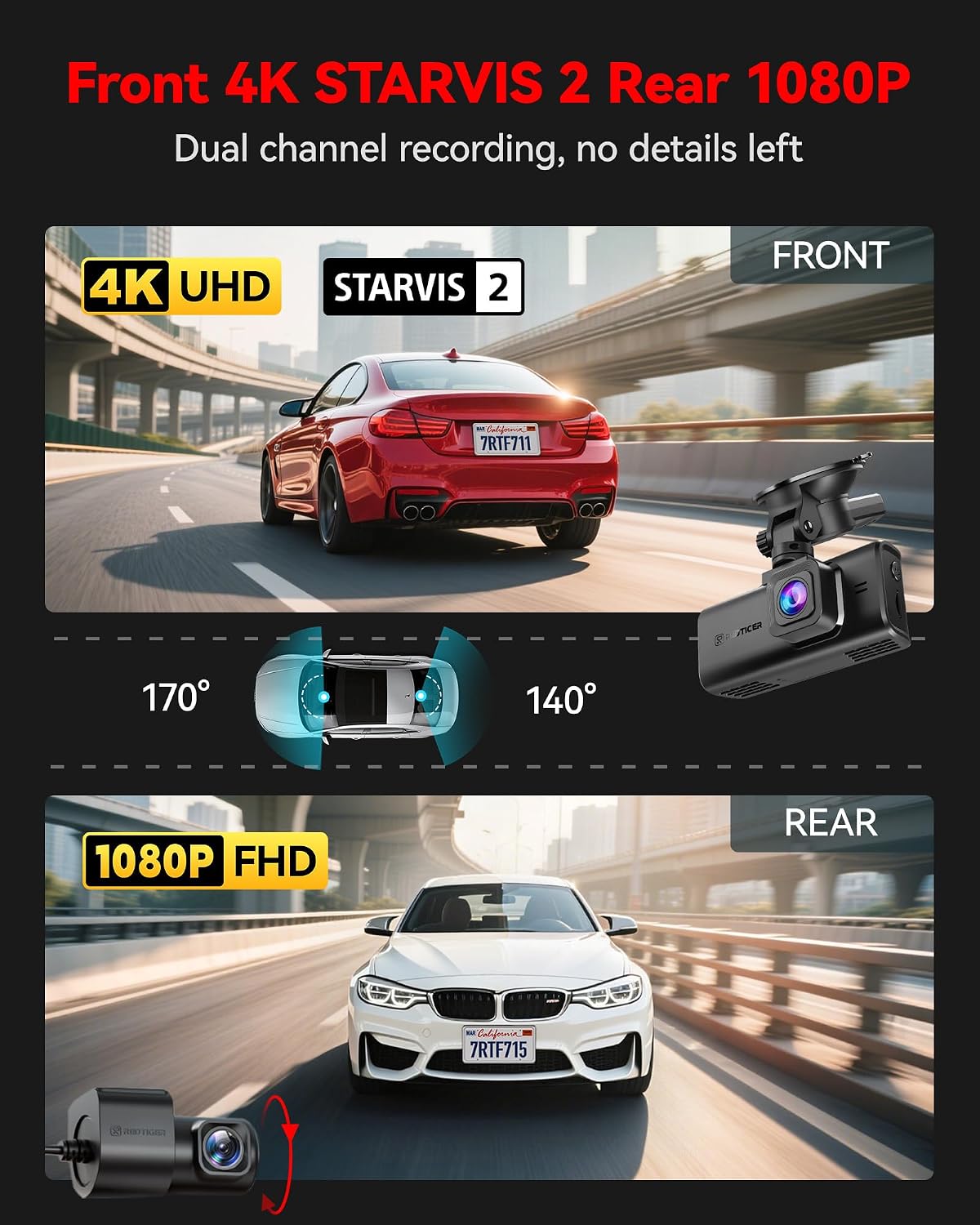 CÁMARA PARA AUTO REDTIGER F7N TOUCH 4K STARVIS 2 FRONTAL Y TRASERA CON WIFI 5.8GHZ - 2