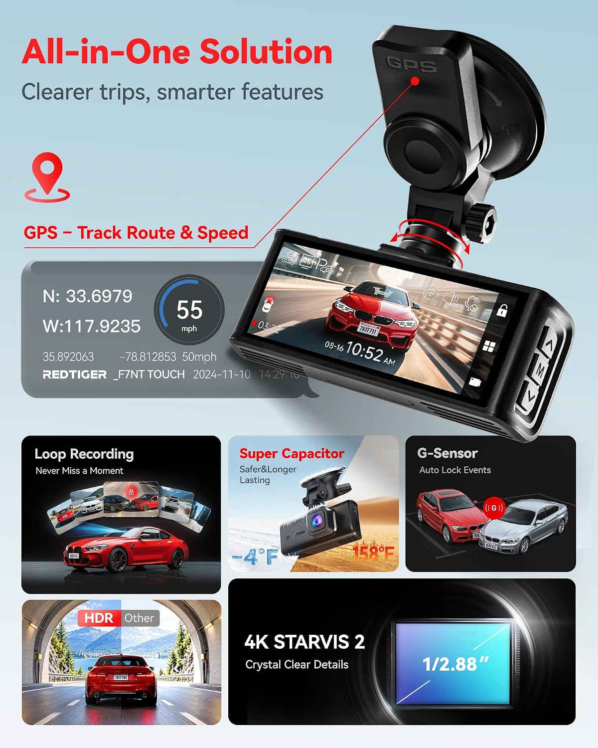 CÁMARA PARA AUTO REDTIGER F7N TOUCH 4K STARVIS 2 FRONTAL Y TRASERA CON WIFI 5.8GHZ - 4