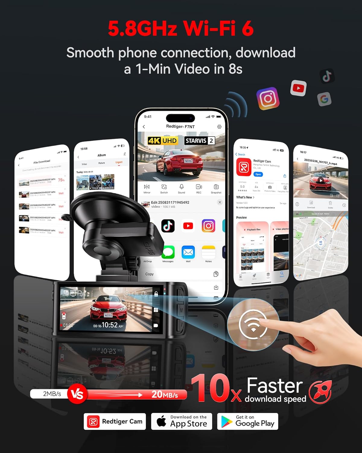 CÁMARA PARA AUTO REDTIGER F7N TOUCH 4K STARVIS 2 FRONTAL Y TRASERA CON WIFI 5.8GHZ - 5