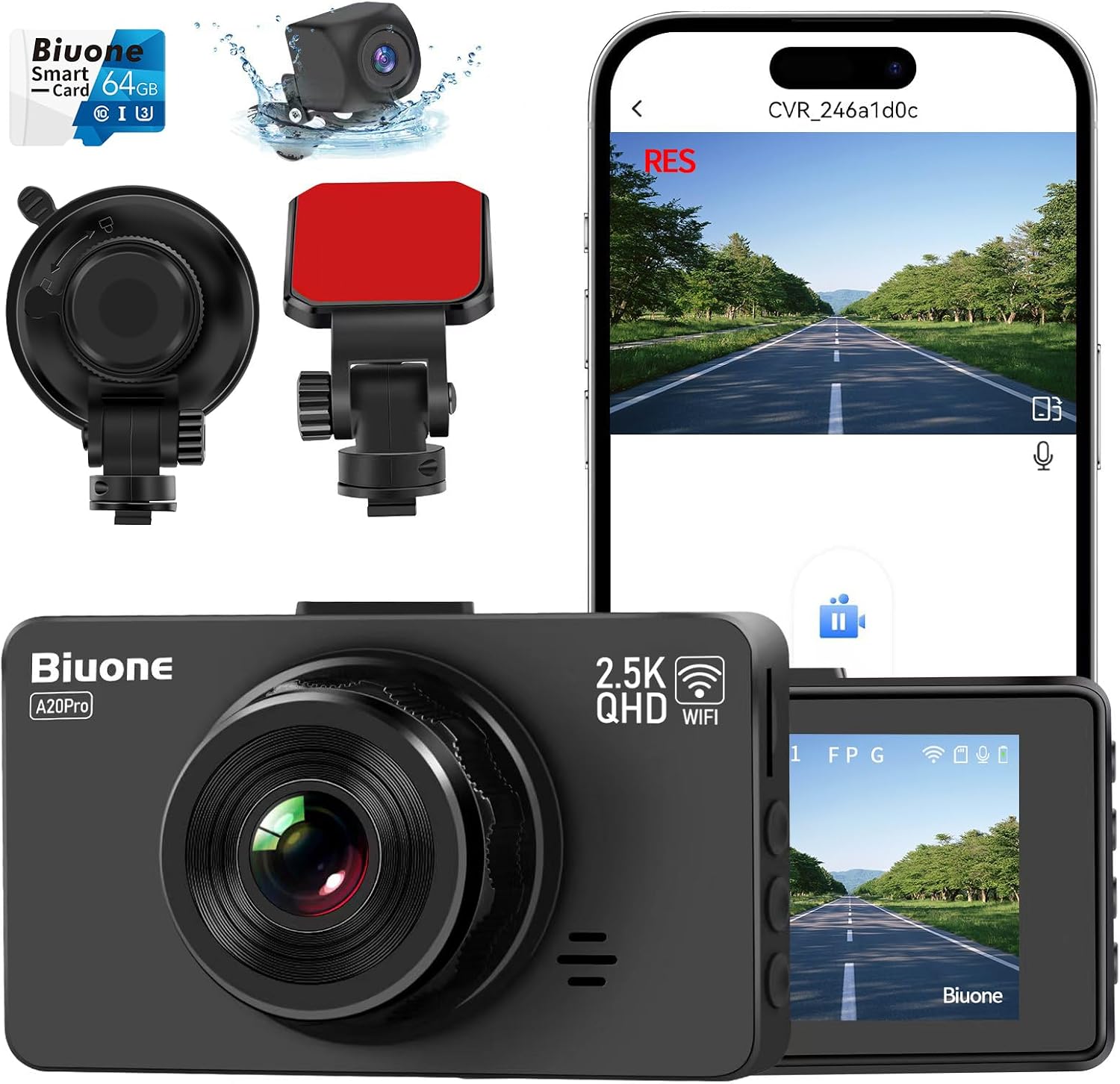 CÁMARA PARA AUTO BIUONE DASH CAM FRONTAL 2.5K Y TRASERA 1080P CON TARJETA 64GB - 1