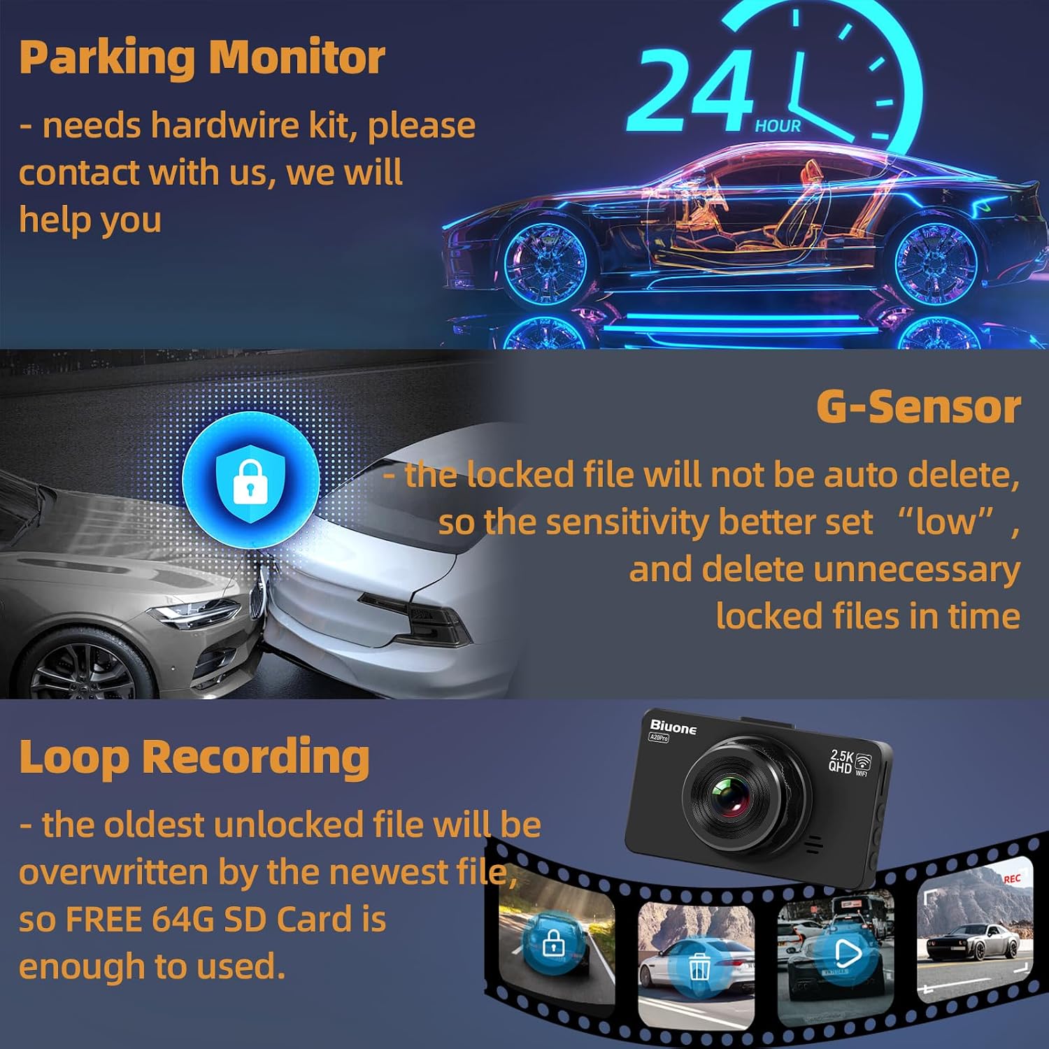 CÁMARA PARA AUTO BIUONE DASH CAM FRONTAL 2.5K Y TRASERA 1080P CON TARJETA 64GB - 3