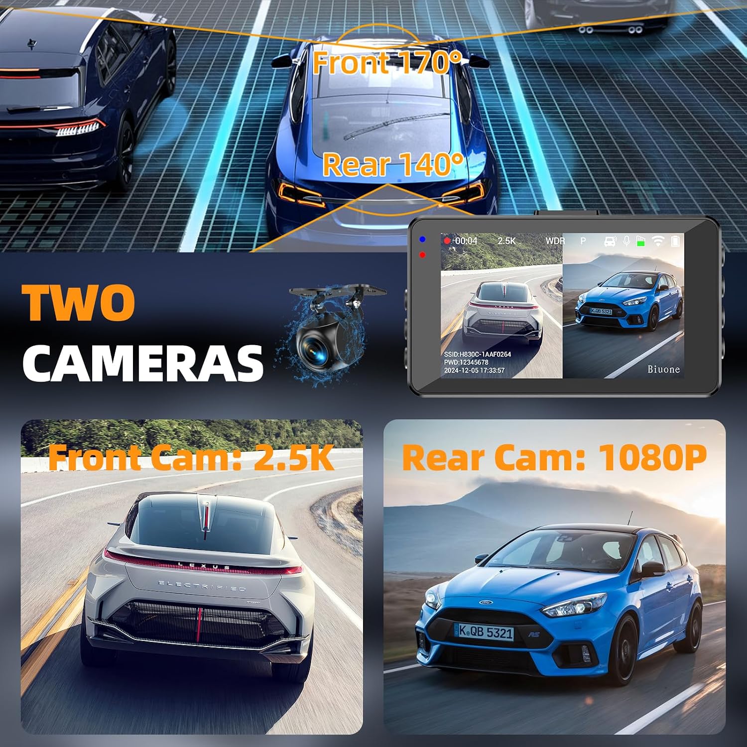 CÁMARA PARA AUTO BIUONE DASH CAM FRONTAL 2.5K Y TRASERA 1080P CON TARJETA 64GB - 4