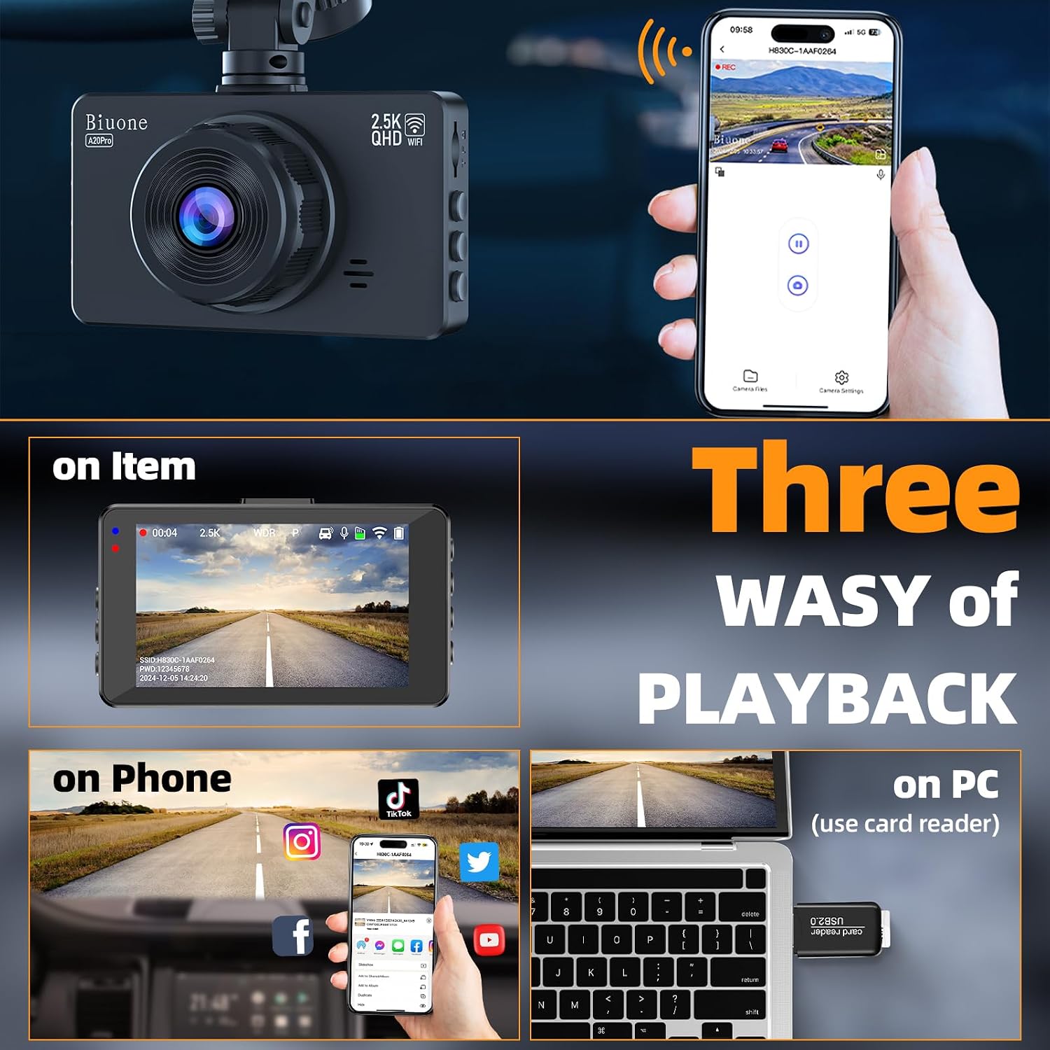 CÁMARA PARA AUTO BIUONE DASH CAM FRONTAL 2.5K Y TRASERA 1080P CON TARJETA 64GB - 5