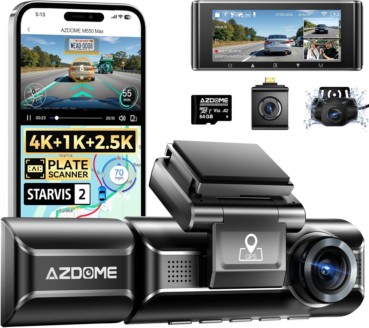 CÁMARA PARA AUTO AZDOME M550 MAX 4K TRIPLE CANAL CON SENSORES STARVIS 2 - 1