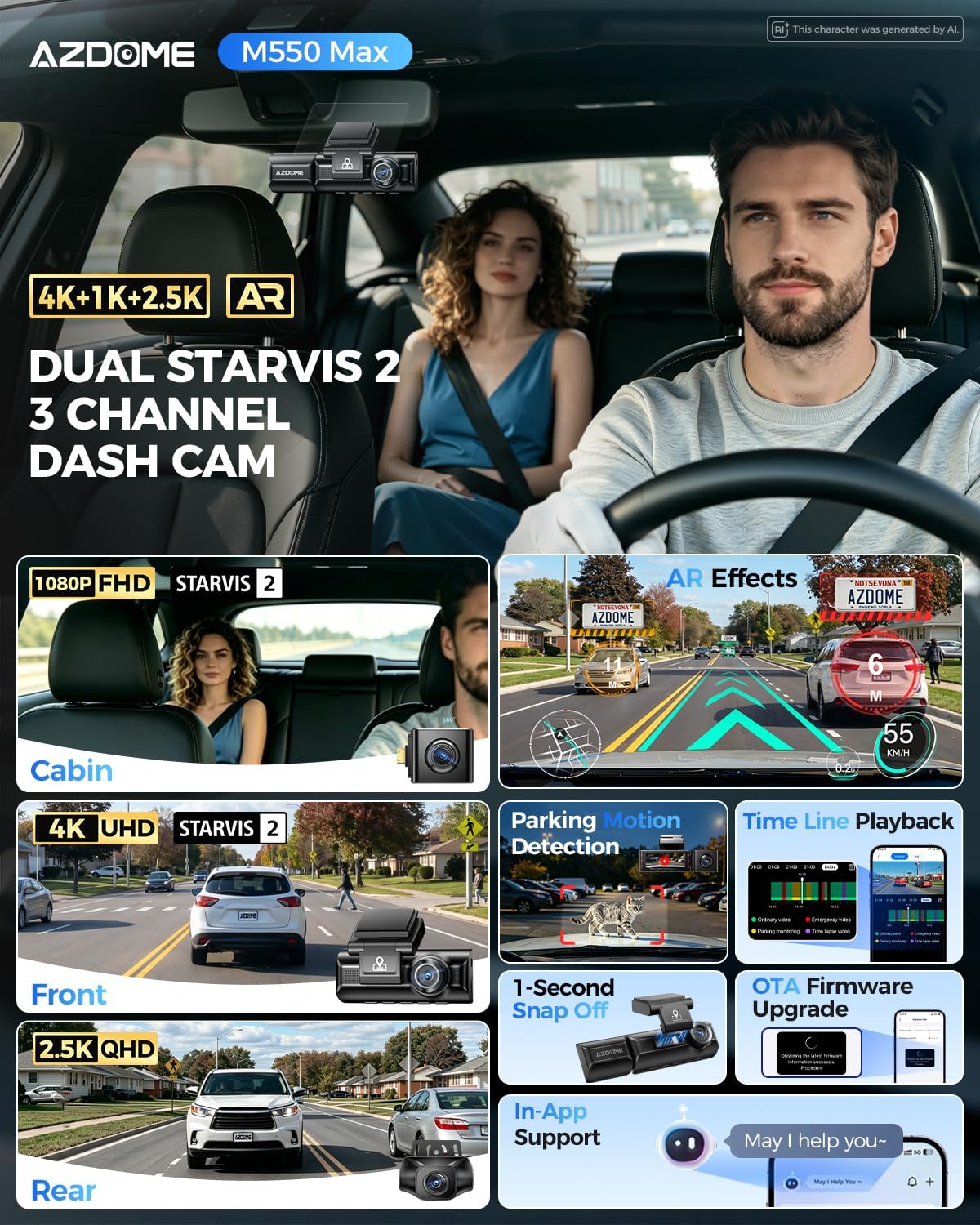 CÁMARA PARA AUTO AZDOME M550 MAX 4K TRIPLE CANAL CON SENSORES STARVIS 2 - 2