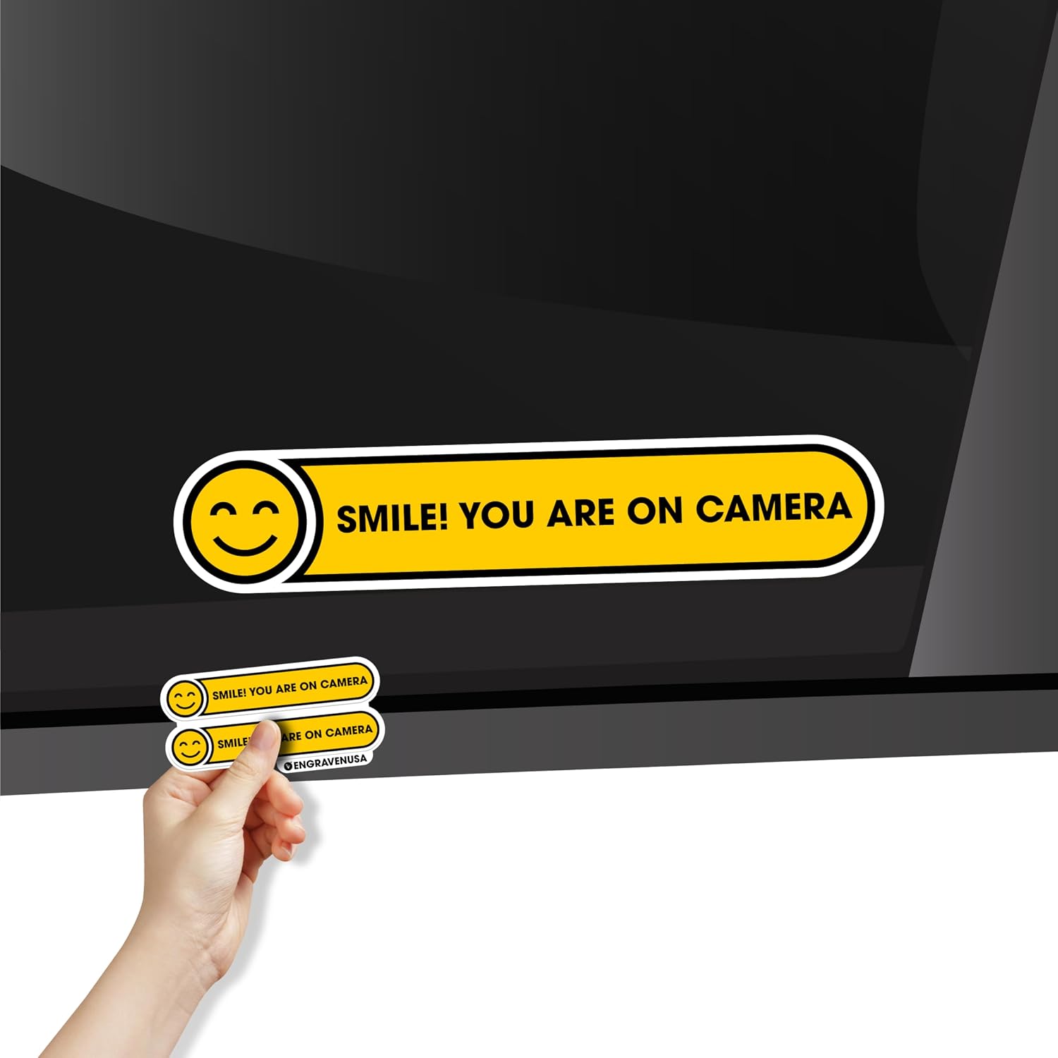 STICKER PARA VENTANA DE AUTO SMILE YOU ARE ON CAMERA ENGRAVENUSA 5X1 PULGADAS AMARILLO - 1