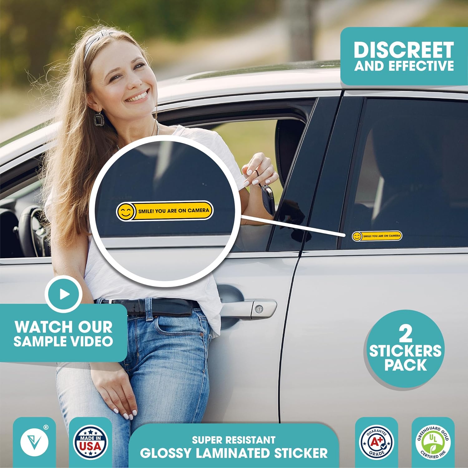STICKER PARA VENTANA DE AUTO SMILE YOU ARE ON CAMERA ENGRAVENUSA 5X1 PULGADAS AMARILLO - 2