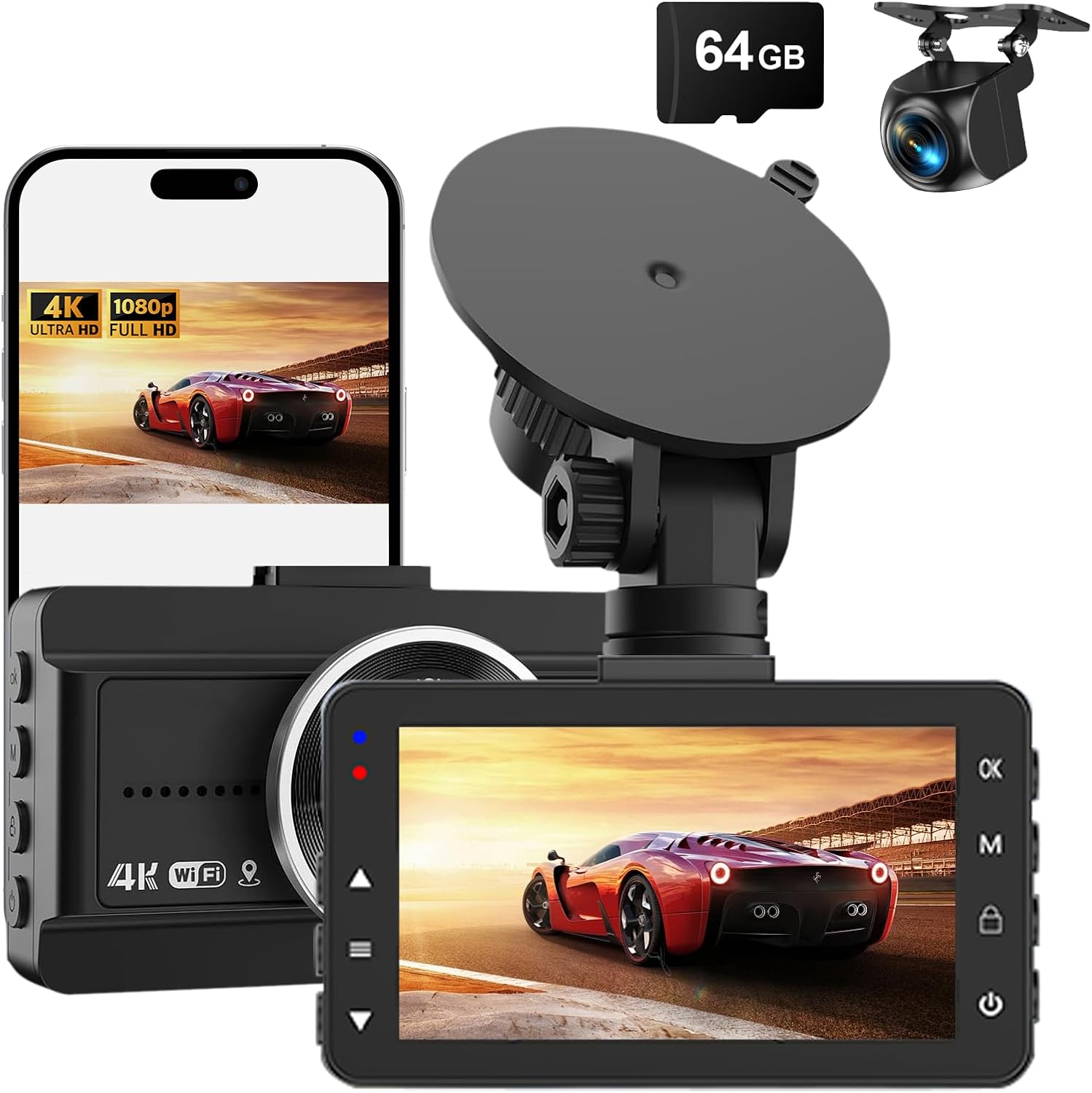 CÁMARA PARA AUTO FRONTAL Y TRASERA BIUONE 4K FULL HD CON TARJETA 64GB - 1