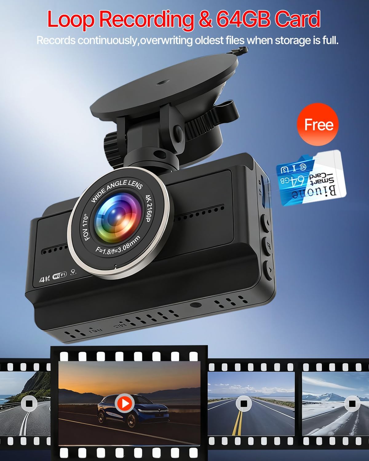 CÁMARA PARA AUTO FRONTAL Y TRASERA BIUONE 4K FULL HD CON TARJETA 64GB - 2