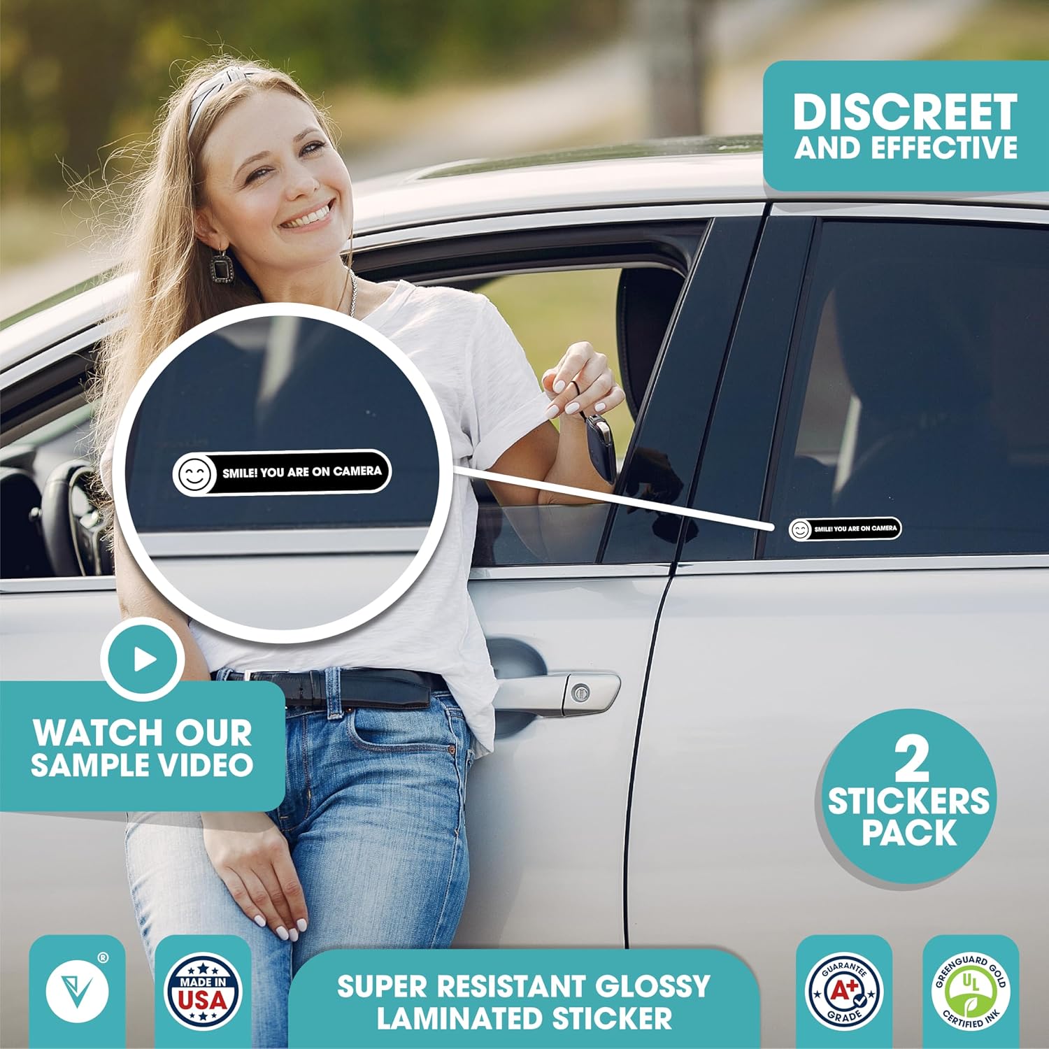 STICKER PARA VENTANA DE AUTO SMILE YOU ARE ON CAMERA ENGRAVENUSA 5X1 PULGADAS NEGRO BRILLANTE IMPERMEABLE 2 UNIDADES - 2