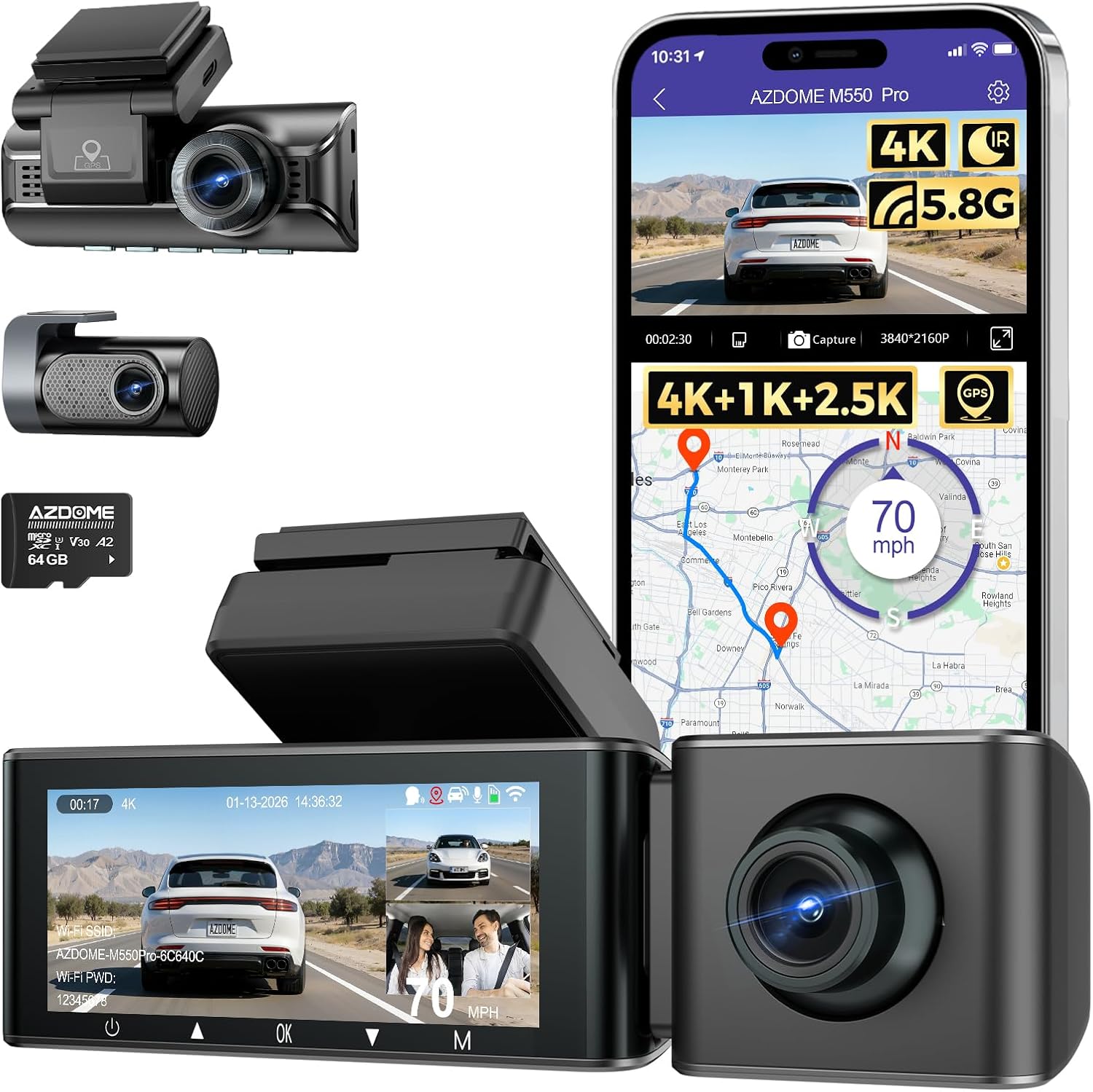 CÁMARA PARA AUTO AZDOME M550 PRO 3 CANALES 4K+1080P+2.5K CON GPS Y WIFI 64GB - 1