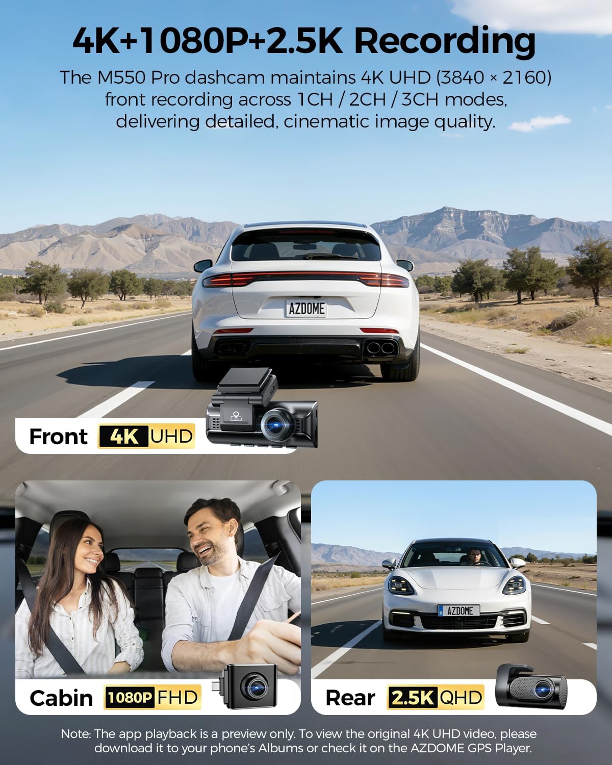 CÁMARA PARA AUTO AZDOME M550 PRO 3 CANALES 4K+1080P+2.5K CON GPS Y WIFI 64GB - 2