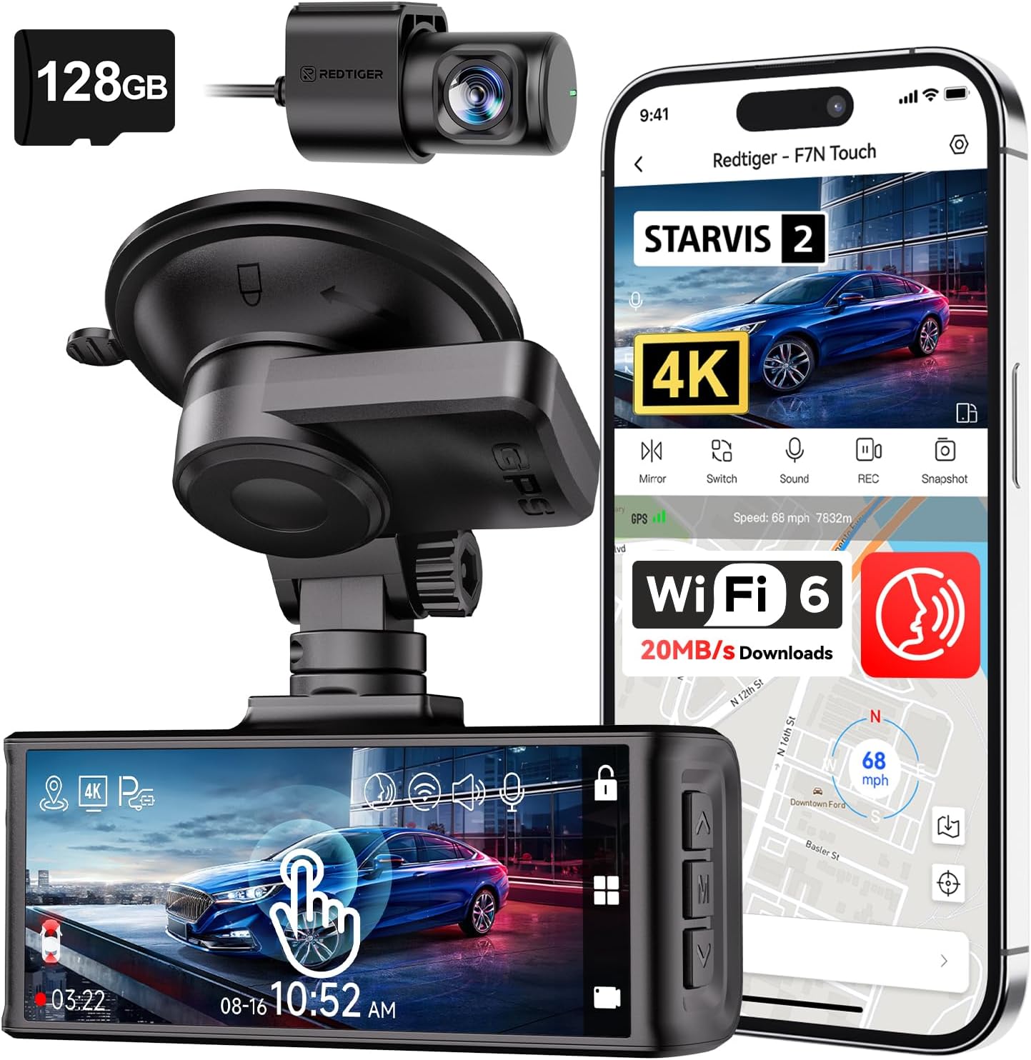 CÁMARA PARA AUTO REDTIGER F7N TOUCH 4K STARVIS FRONTAL Y TRASERA CON WIFI 5.8GHZ Y TARJETA 128GB INCLUIDA - 1