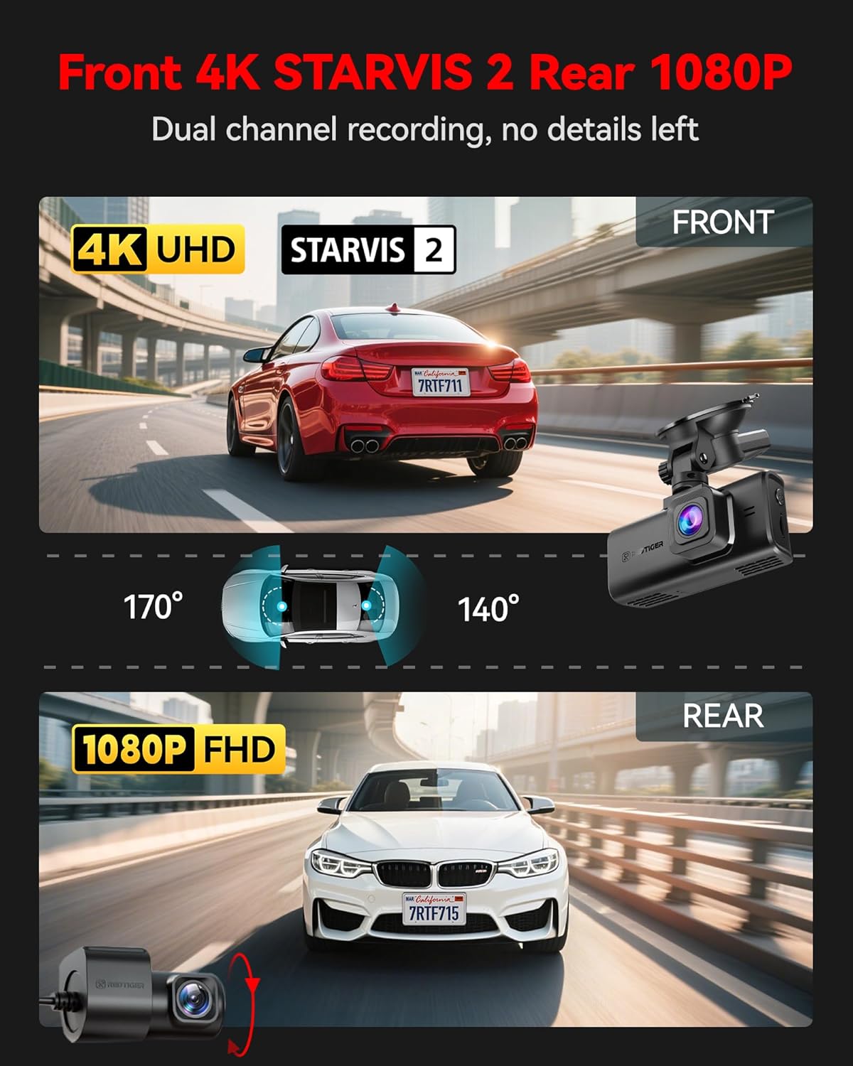 CÁMARA PARA AUTO REDTIGER F7N TOUCH 4K STARVIS FRONTAL Y TRASERA CON WIFI 5.8GHZ Y TARJETA 128GB INCLUIDA - 2