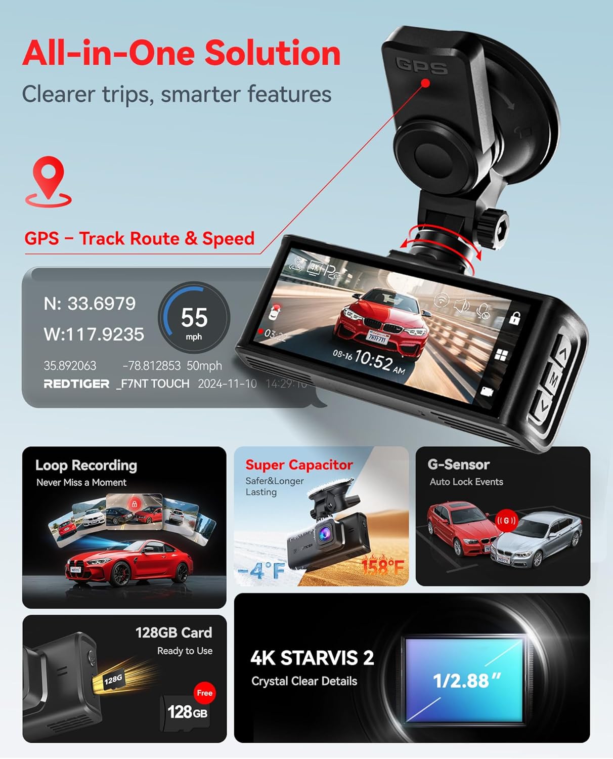 CÁMARA PARA AUTO REDTIGER F7N TOUCH 4K STARVIS FRONTAL Y TRASERA CON WIFI 5.8GHZ Y TARJETA 128GB INCLUIDA - 3
