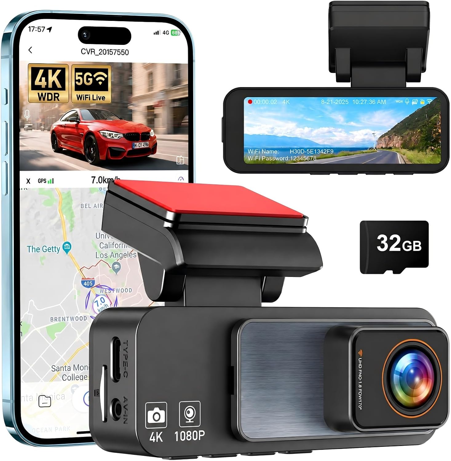 CÁMARA PARA AUTO BIUONE 4K CON WIFI 5GHZ Y CONTROL POR APP - 1