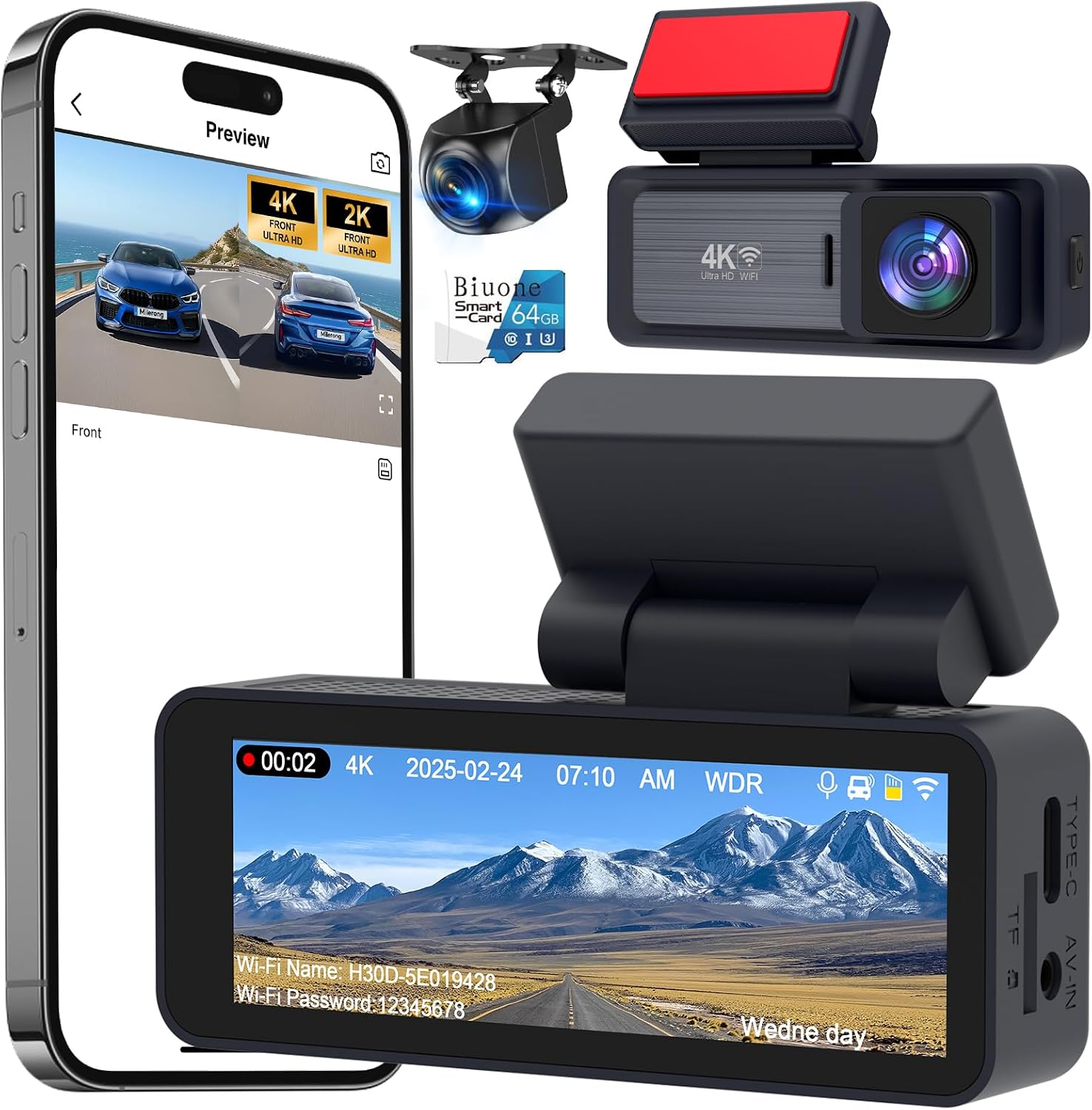 CÁMARA PARA AUTO BIUONE 4K FRONTAL Y 2K TRASERA CON WIFI 5GHZ Y CONTROL POR APP, TARJETA 64GB - 1