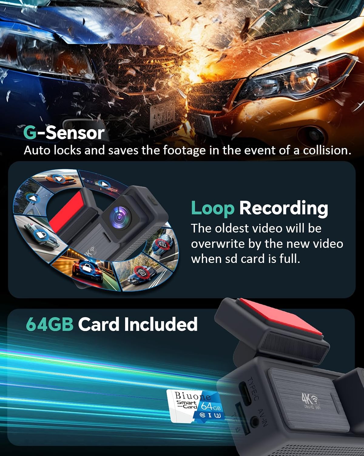 CÁMARA PARA AUTO BIUONE 4K FRONTAL Y 2K TRASERA CON WIFI 5GHZ Y CONTROL POR APP, TARJETA 64GB - 4