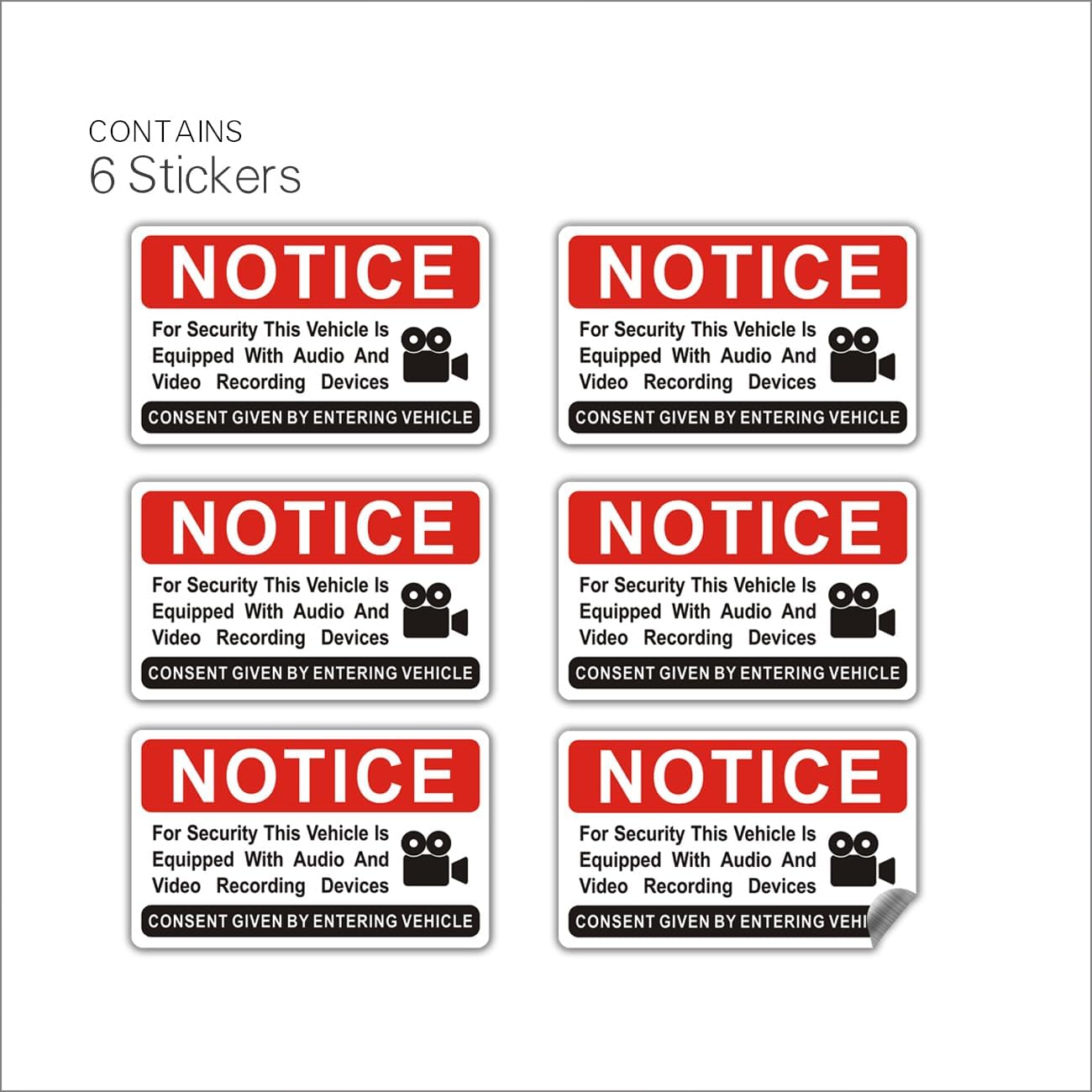 SET DE 6 STICKERS PARA VEHÍCULO LEMBANG AVISO DE GRABACIÓN AUDIO Y VIDEO ROJO 3.3X2 IN - 2