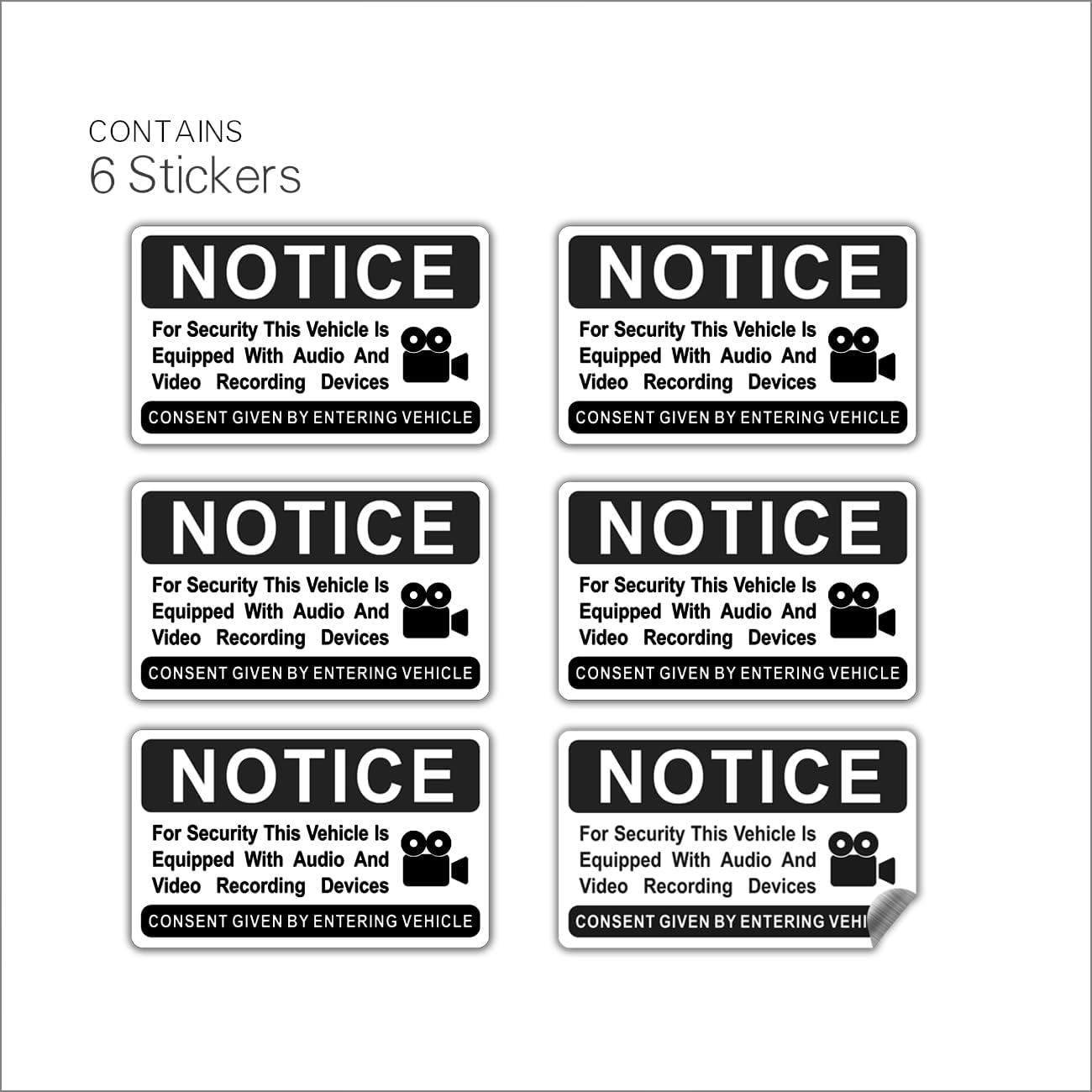 SET DE 6 STICKERS PARA VEHÍCULO LEMBANG AVISO DE GRABACIÓN AUDIO Y VIDEO 8.4X5 CM NEGRO - 2