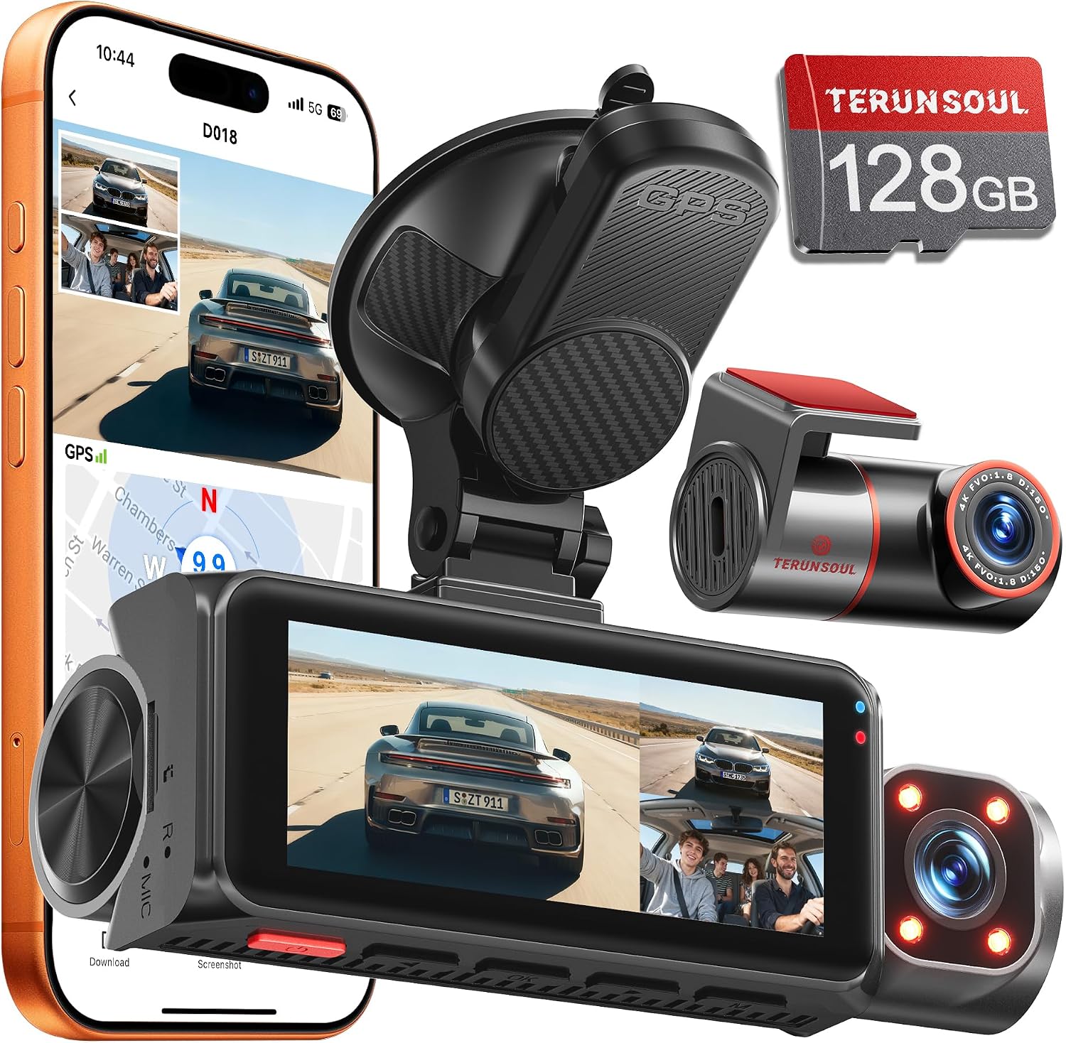 CÁMARA PARA AUTO TERUNSOUL 3 CANALES 4K+4K+1080P CON VISIÓN NOCTURNA HD Y TARJETA 128GB - 1