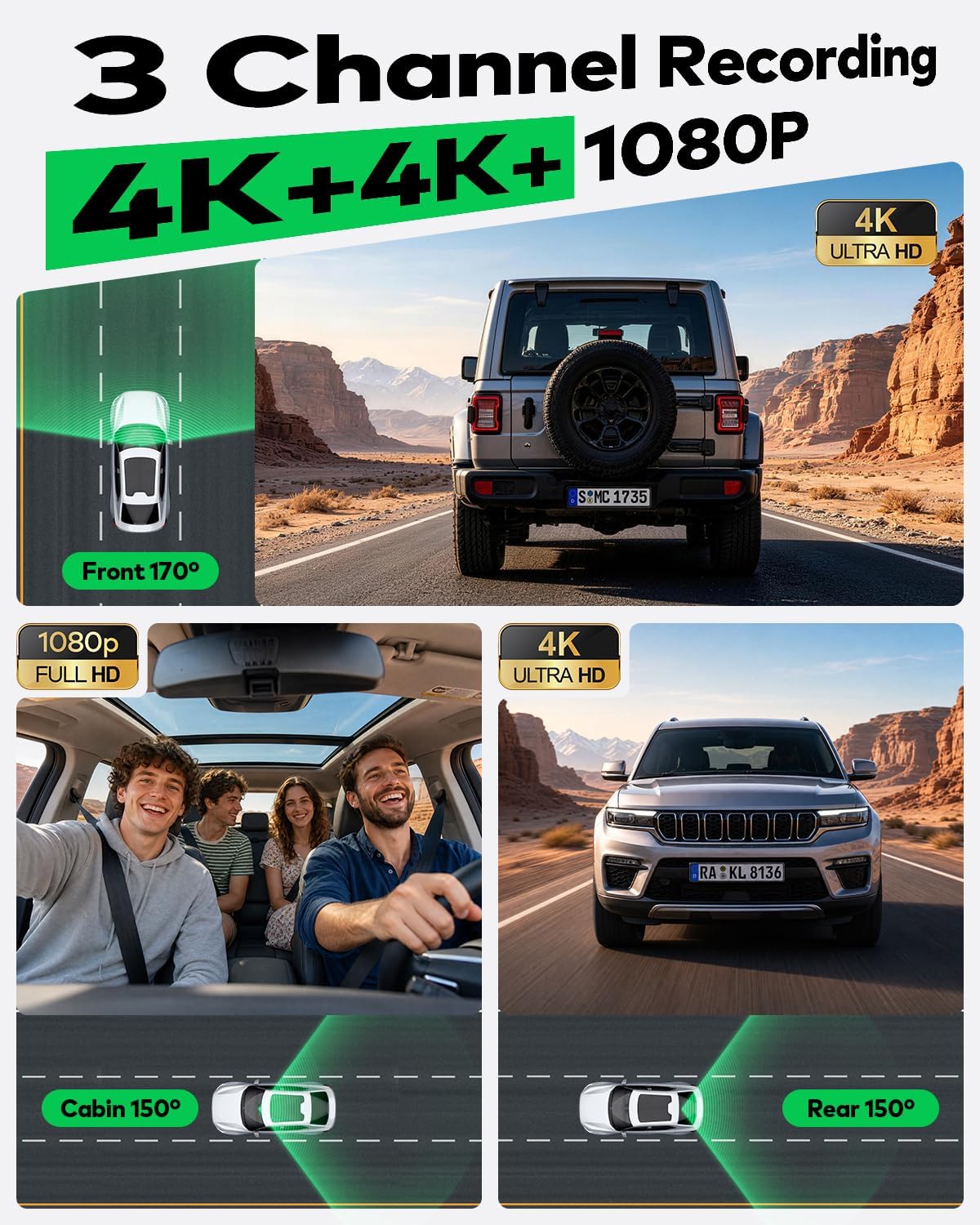 CÁMARA PARA AUTO TERUNSOUL 3 CANALES 4K+4K+1080P CON VISIÓN NOCTURNA HD Y TARJETA 128GB - 2