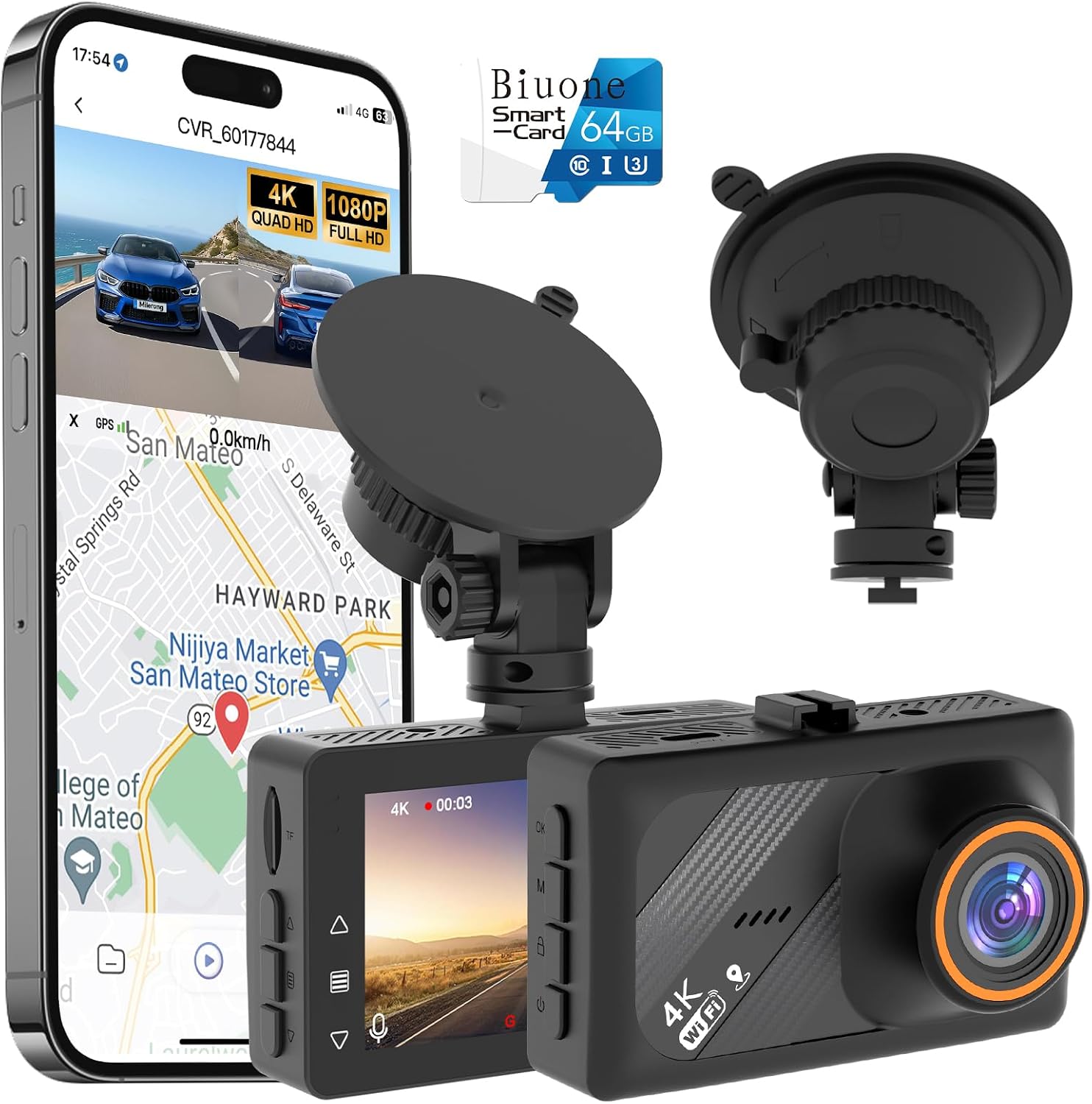 CÁMARA PARA AUTO BIUONE 4K CON AI (ADAS), WIFI 5.8G Y GPS INTEGRADO - 1