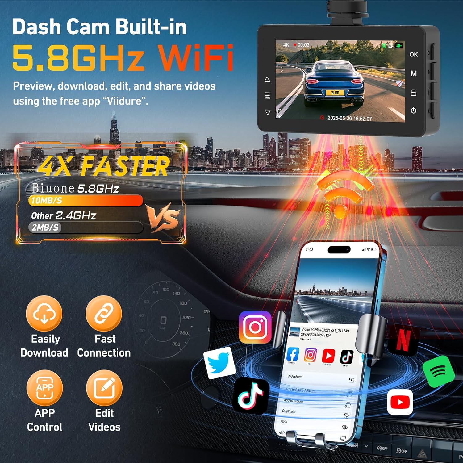 CÁMARA PARA AUTO BIUONE 4K CON AI (ADAS), WIFI 5.8G Y GPS INTEGRADO - 2