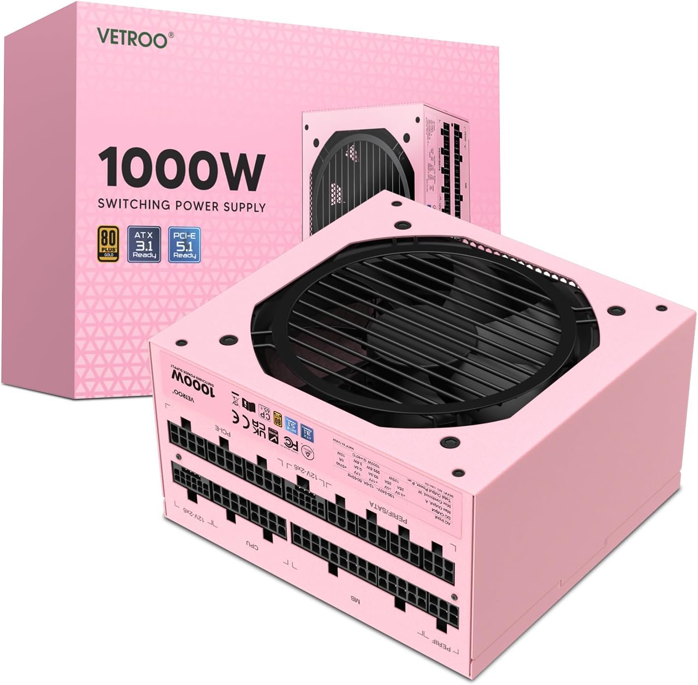 FUENTE DE PODER VETROO 1000W PINK ATX 3.1 Y DUAL PCIE 5.1 - 1