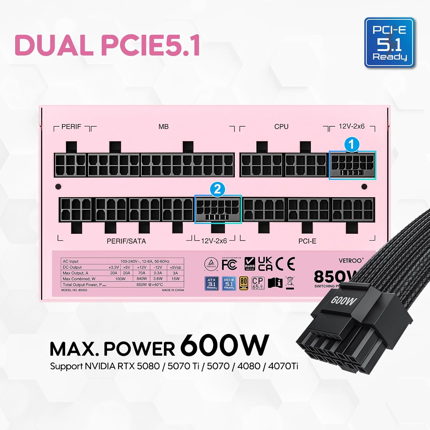 FUENTE DE PODER VETROO 850W PINK ATX 3.1 PCIE 5.1 - 2