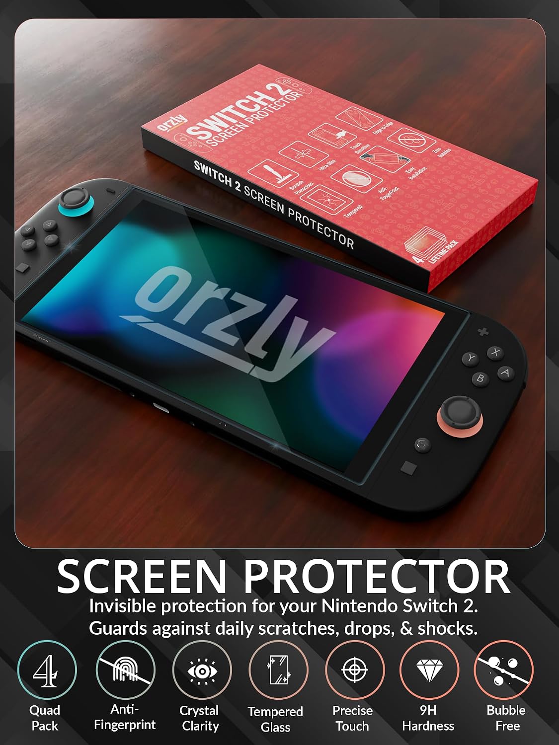 PROTECTOR DE PANTALLA DE VIDRIO TEMPLADO ORZLY PARA NINTENDO SWITCH 2 7.9 PULGADAS 4 UNIDADES - 4