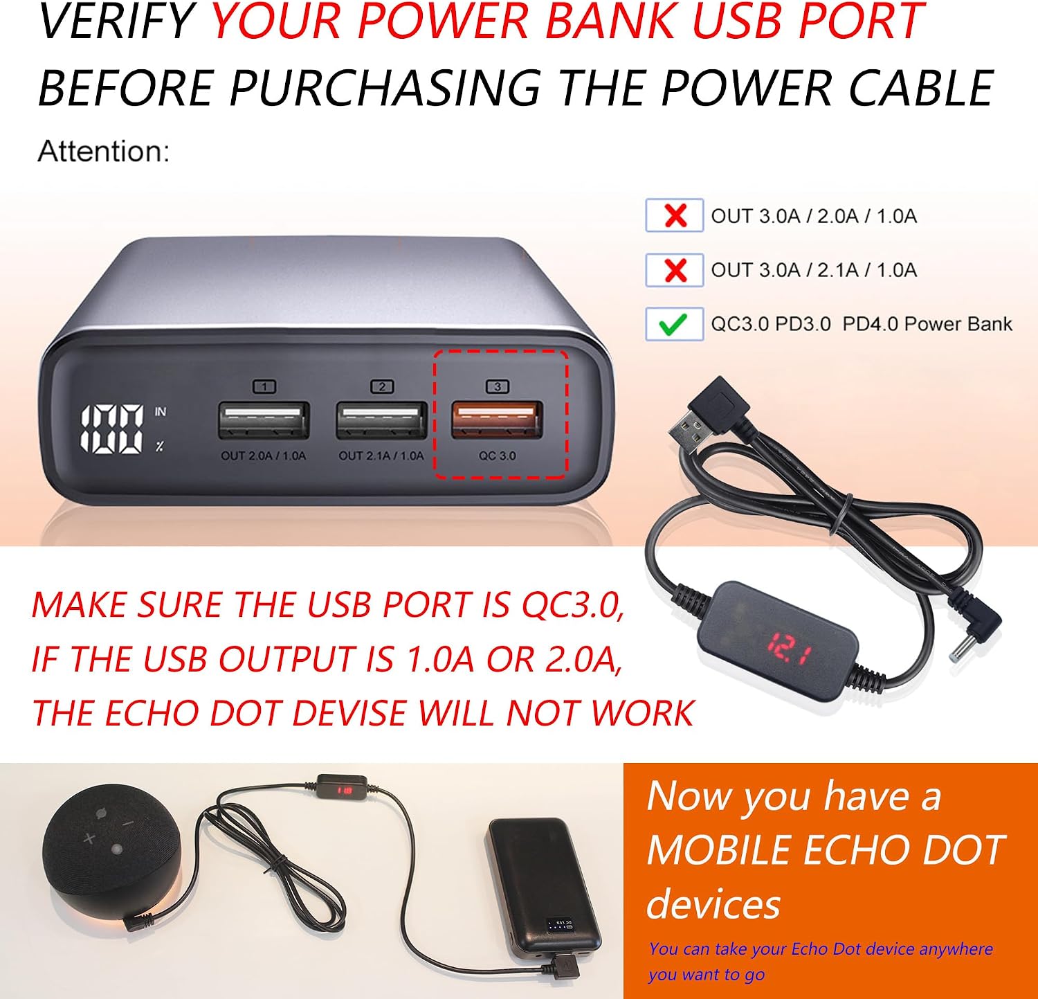 CABLE ADAPTADOR CARGADOR USB A A DC PARA ECHO DOT 3RA/4TA/5TA GEN Y ECHO SPOT NEGRO - 3