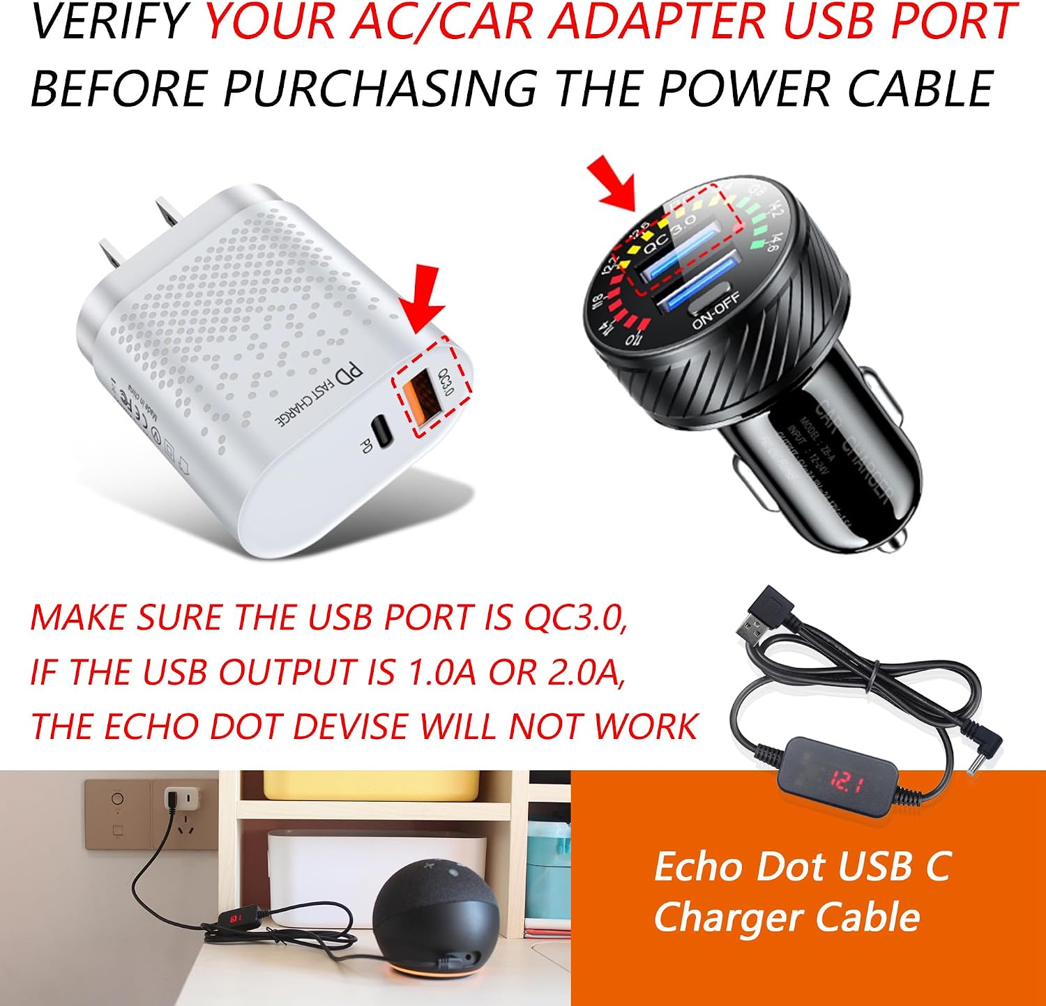 CABLE ADAPTADOR CARGADOR USB A A DC PARA ECHO DOT 3RA/4TA/5TA GEN Y ECHO SPOT NEGRO - 4