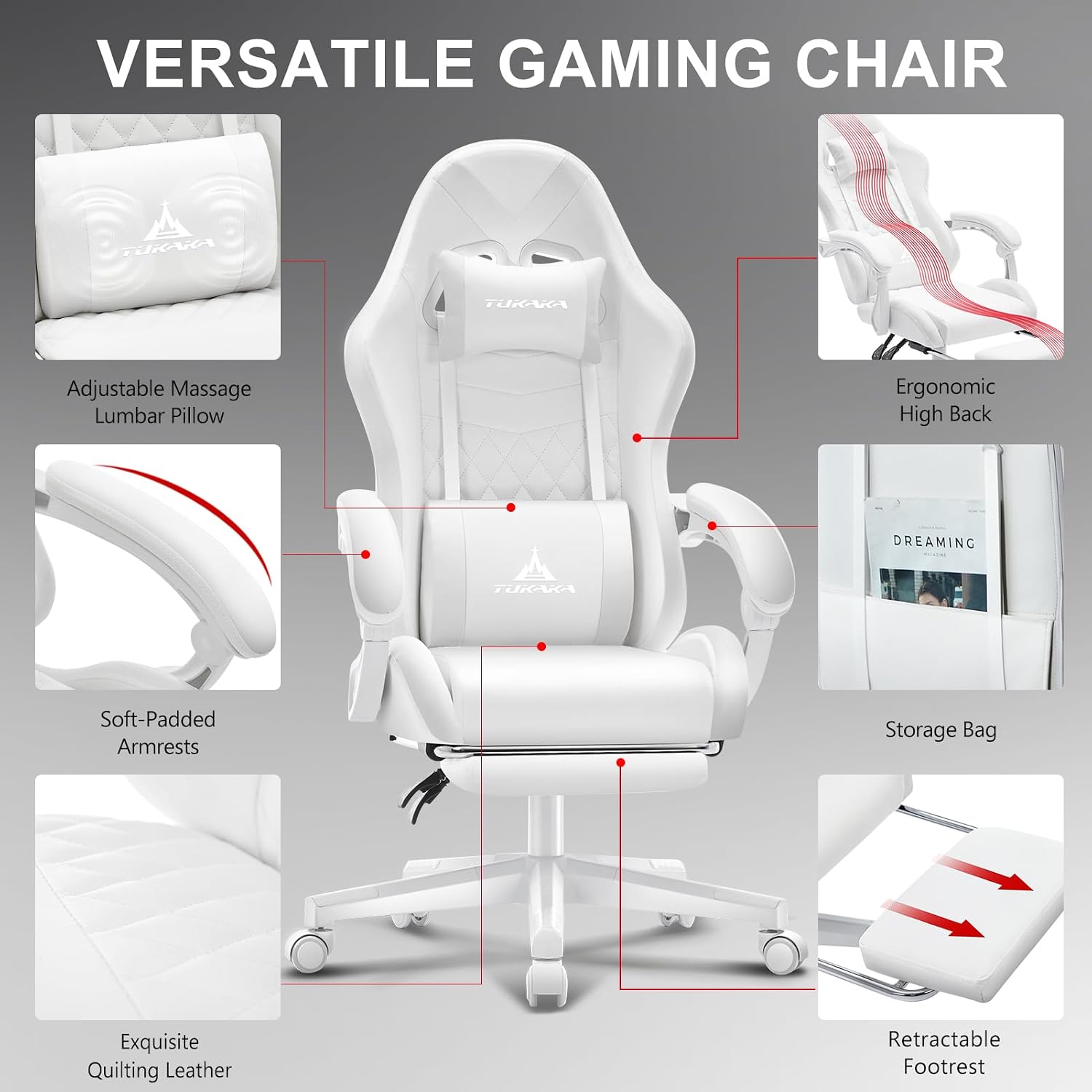 SILLA DE OFICINA TUKAKA GAMING BLANCA CON MASAJE Y REPOSAPIÉS - 5
