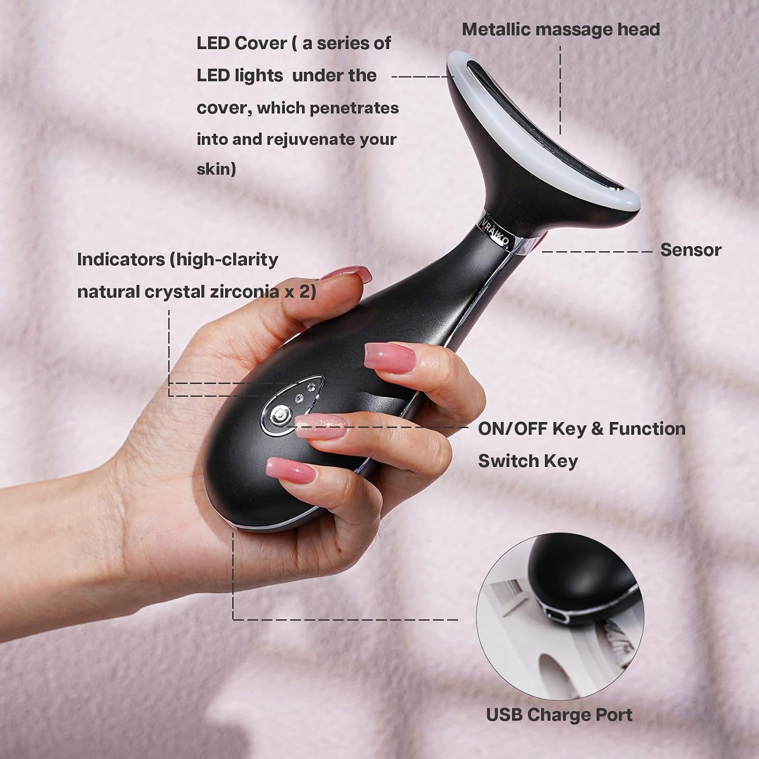 MASAJEADOR FACIAL VRAIKO LILY PARA CUELLO Y ROSTRO NEGRO MATE - 4