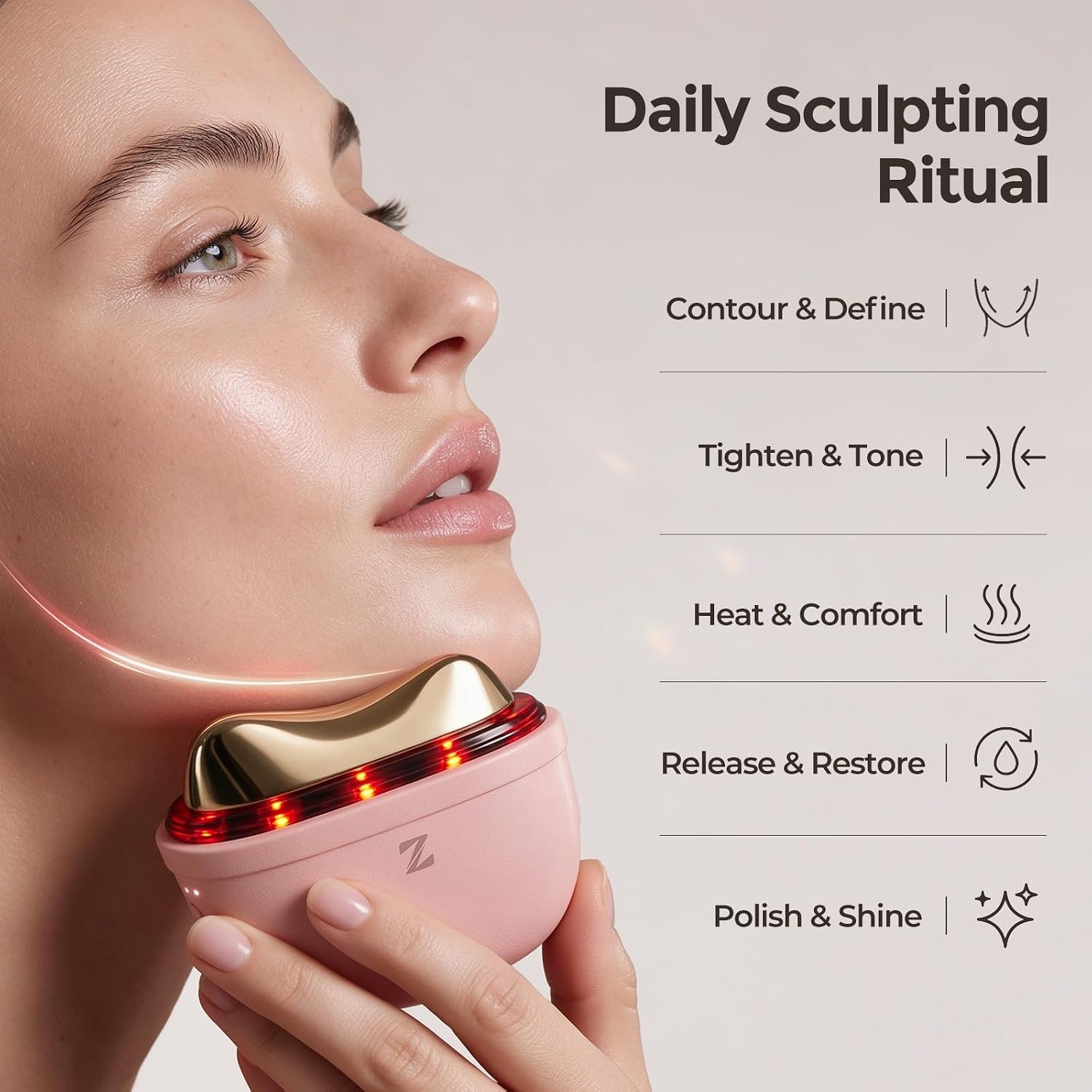 MASAJEADOR FACIAL ELÉCTRICO ZSP GUA SHA CON LUZ ROJA Y CALOR COLOR ROSA - 4