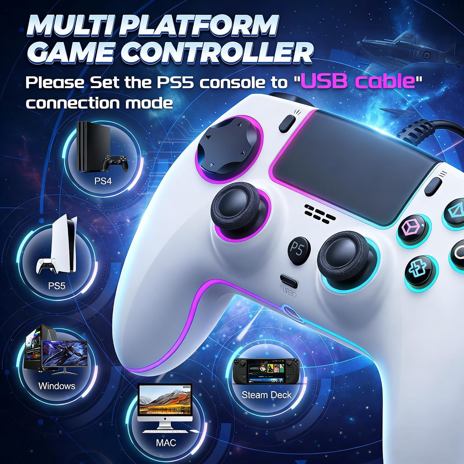 CONTROL CON CABLE GUOC RGB PARA PS5, PS4 Y PC CON GATILLO HALL EFFECT Y JACK 3.5MM - 2