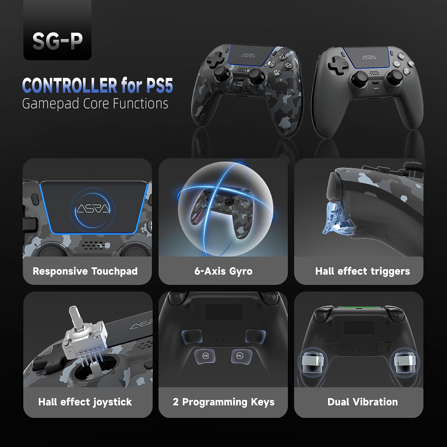 CONTROL INALÁMBRICO PARA JUEGOS ASRVA CAMUFLAJE GRIS PARA PS5, PC, STEAM Y MÓVIL - 2