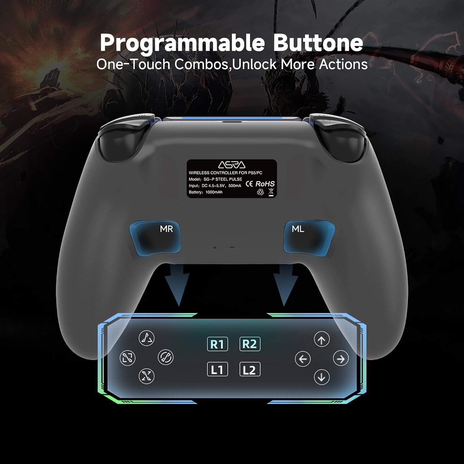 CONTROL INALÁMBRICO PARA JUEGOS ASRVA GREY PARA PS5, PC Y STEAM - 4