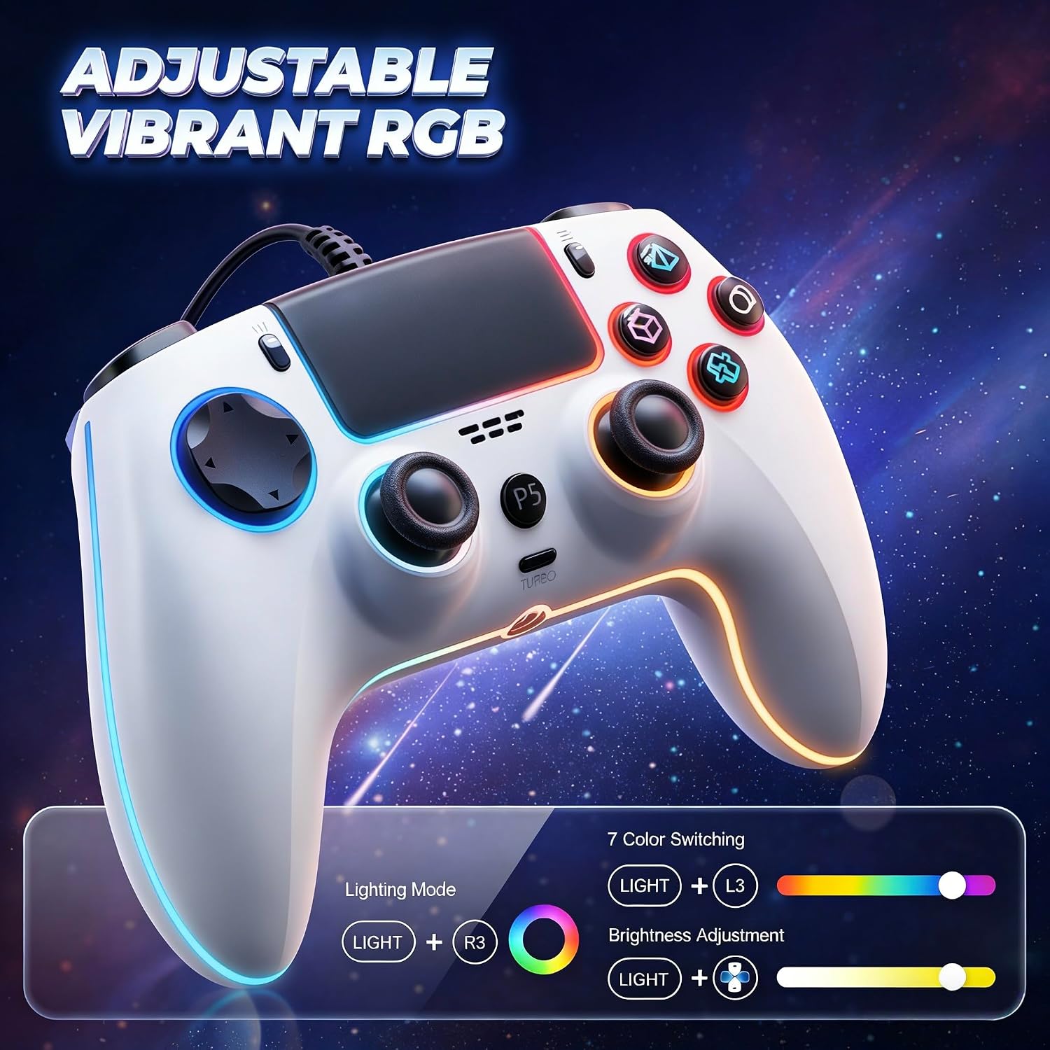 CONTROL CON CABLE GUOC RGB PARA PS5, PS4 Y PC CON GATILLO HALL EFFECT Y JACK DE AUDIO 3.5MM - 3