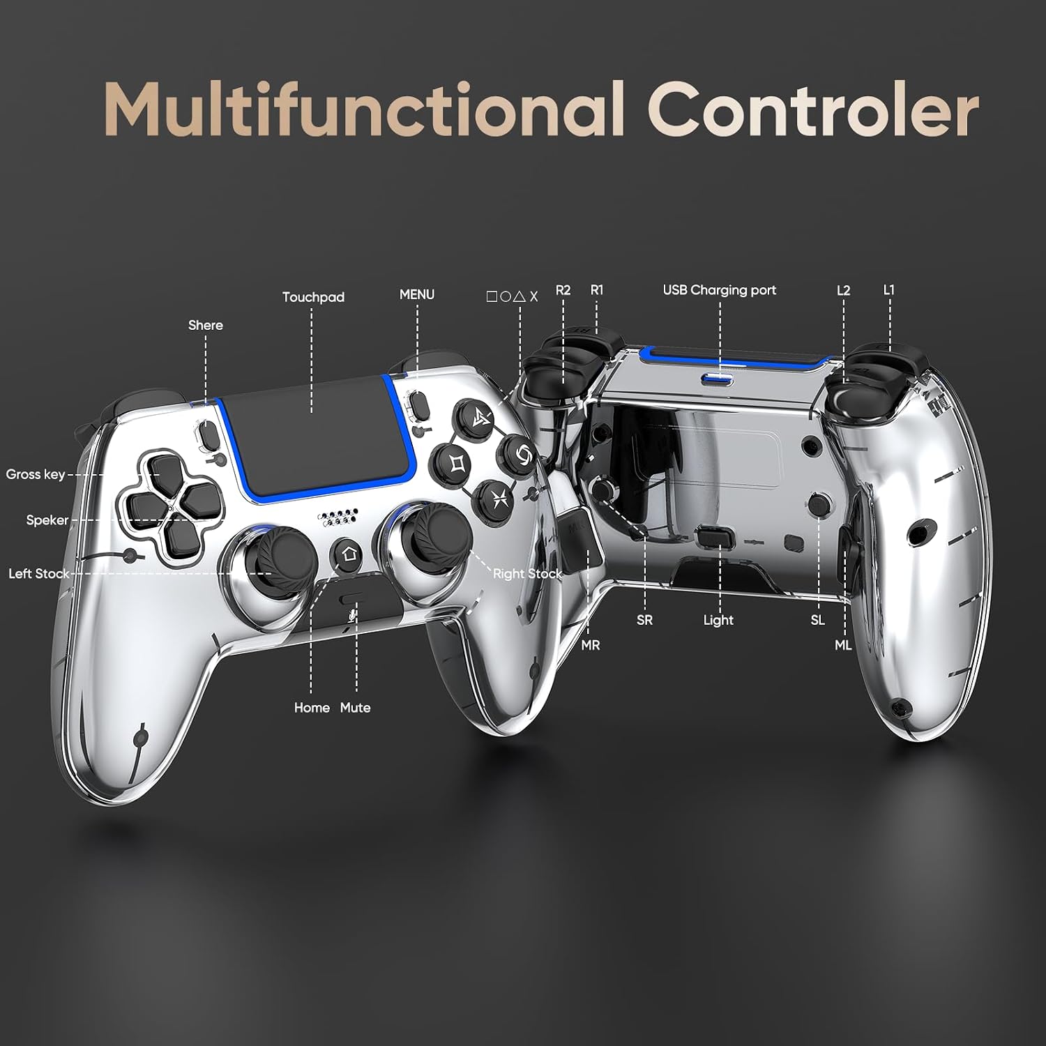 CONTROL INALÁMBRICO BETMI PARA PS5 PRO/SLIM/MAC/PC PLATEADO METÁLICO - 2