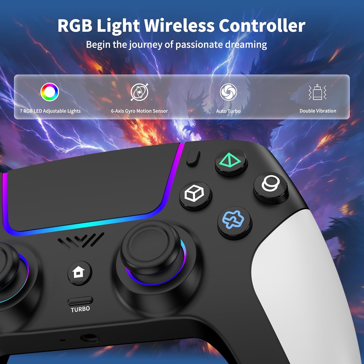 CONTROL INALÁMBRICO PARA PS5 AFMVV CON LED RGB, TURBO, DOBLE VIBRACIÓN, GIROSCOPIO 6 EJES, TOUCHPAD, ERGONÓMICO, COMPATIBLE CON - 2