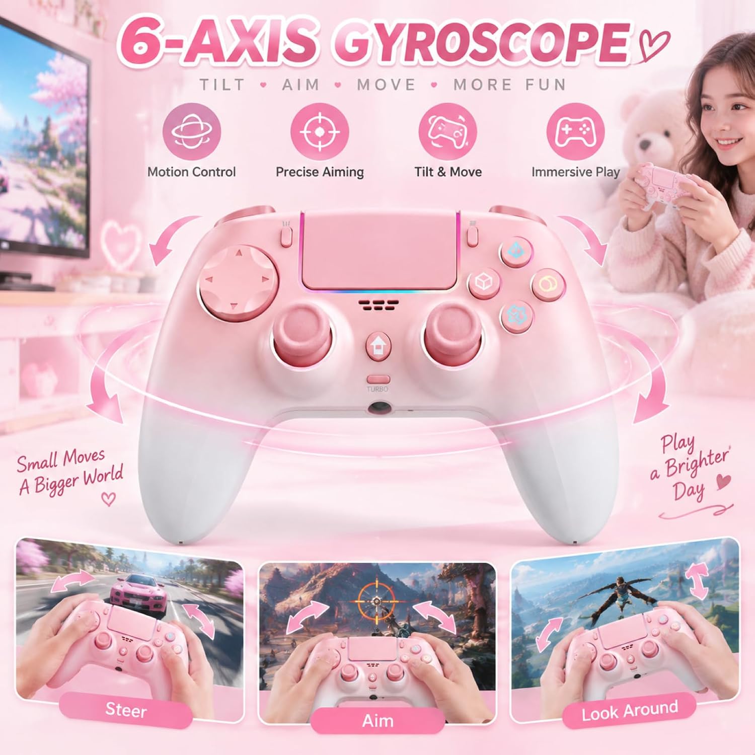 CONTROL INALÁMBRICO JUNHUAN PARA PS5/PC/MAC EFECTO HALL ROSA Y BLANCO - 4