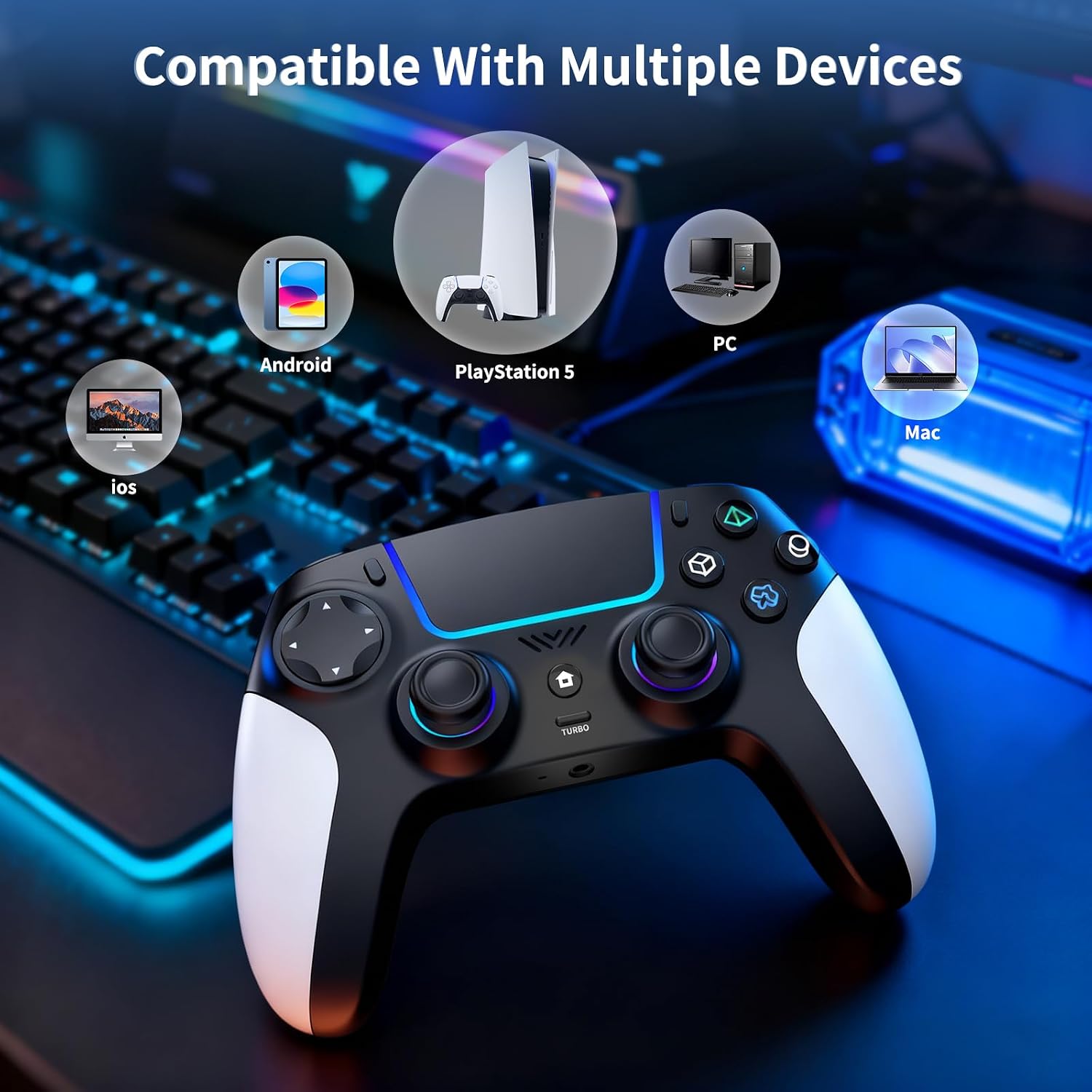 CONTROL INALÁMBRICO PARA PS5 AFMVV CON LED RGB, TURBO, DOBLE VIBRACIÓN, GIROSCOPIO 6 EJES, TOUCHPAD, ERGONÓMICO, COMPATIBLE CON - 4