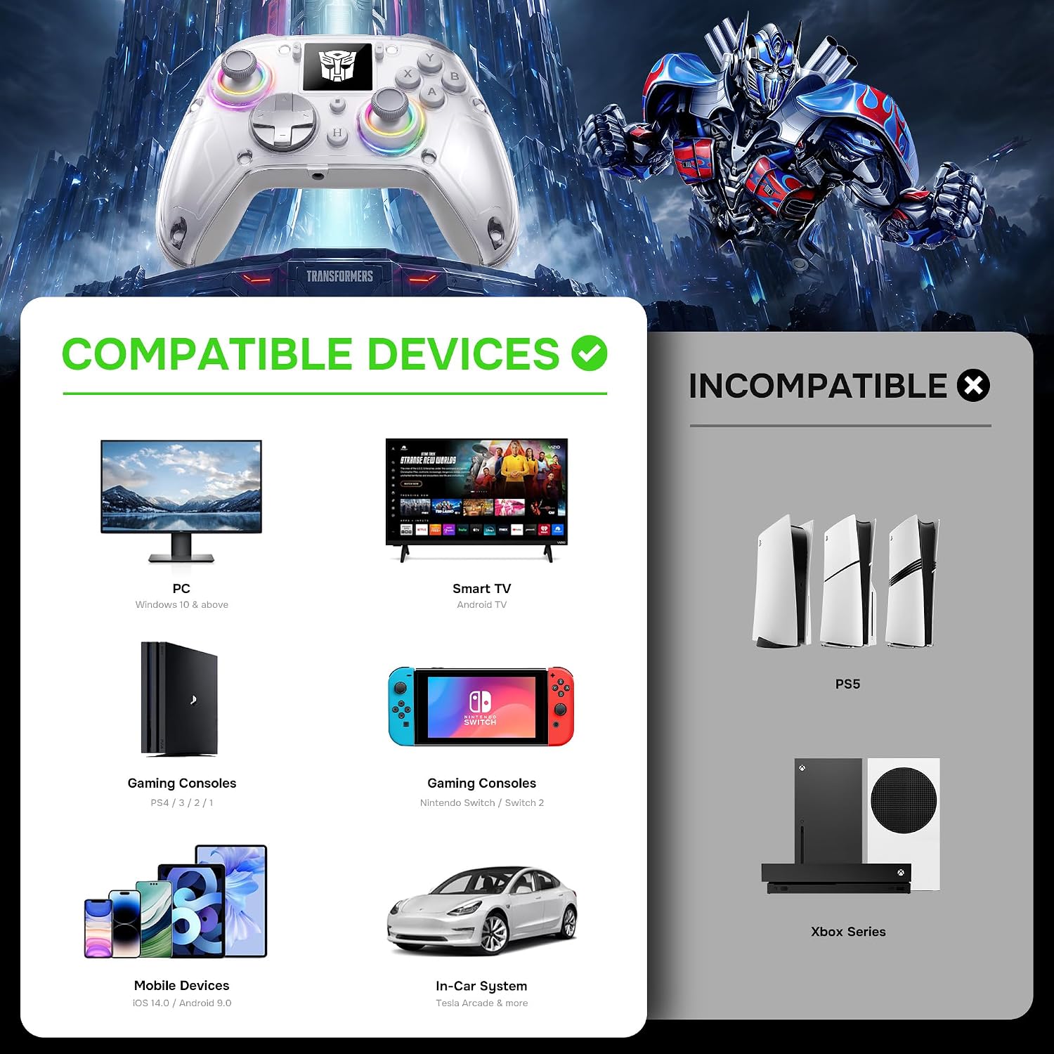 CONTROL INALÁMBRICO PARA PC TRANSFORMERS CON PANTALLA INTERACTIVA, GRIS - 2