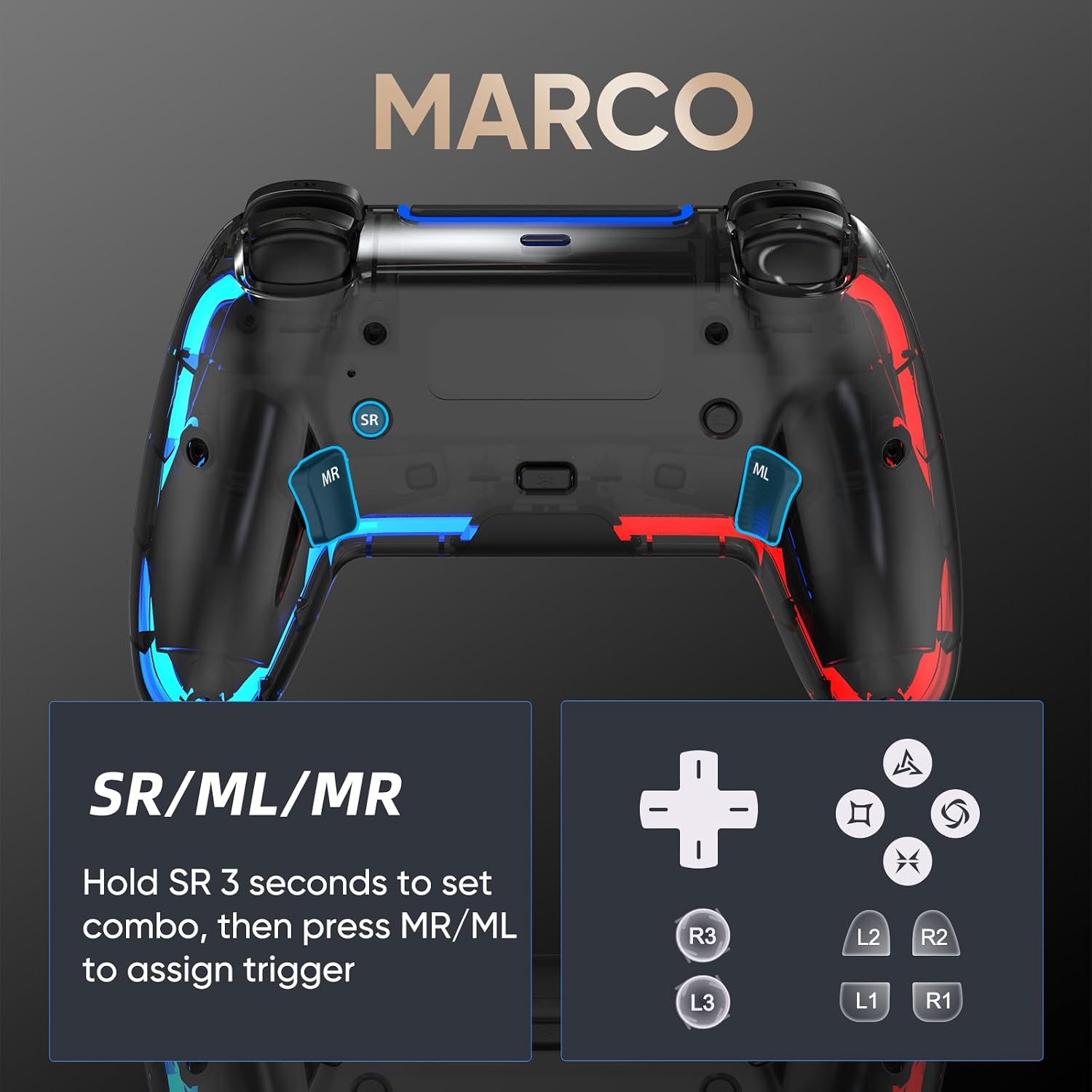CONTROL INALÁMBRICO BETMI PARA PS5 PRO/SLIM/MAC/PC TRANSPARENTE NEGRO - 4