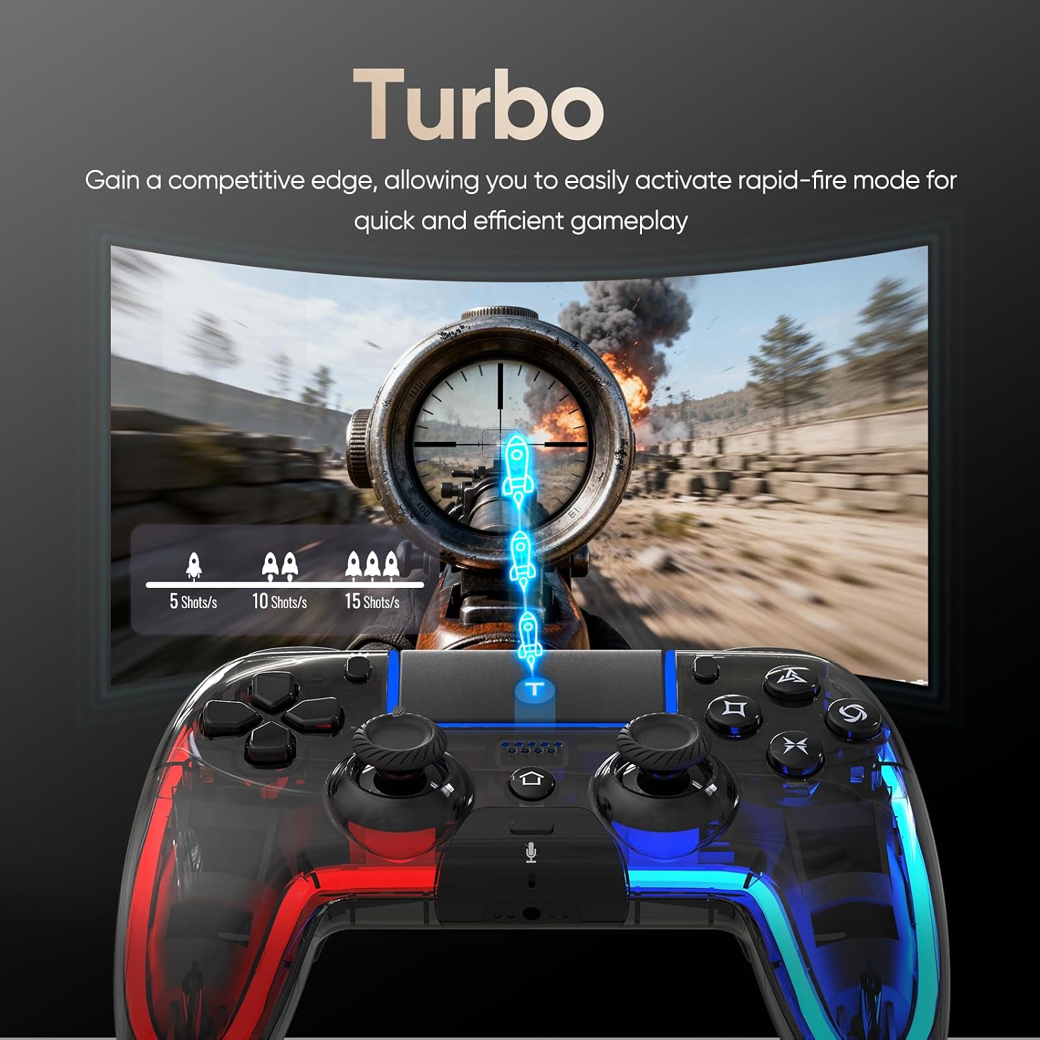 CONTROL INALÁMBRICO BETMI PARA PS5 PRO/SLIM/MAC/PC TRANSPARENTE NEGRO - 5