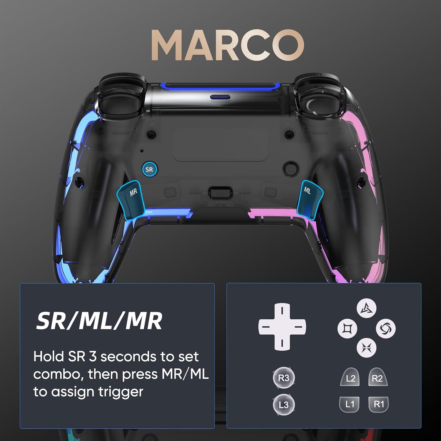 CONTROL INALÁMBRICO BETMI PARA PS5 PRO/SLIM/MAC/PC TRANSPARENTE NEGRO - 4